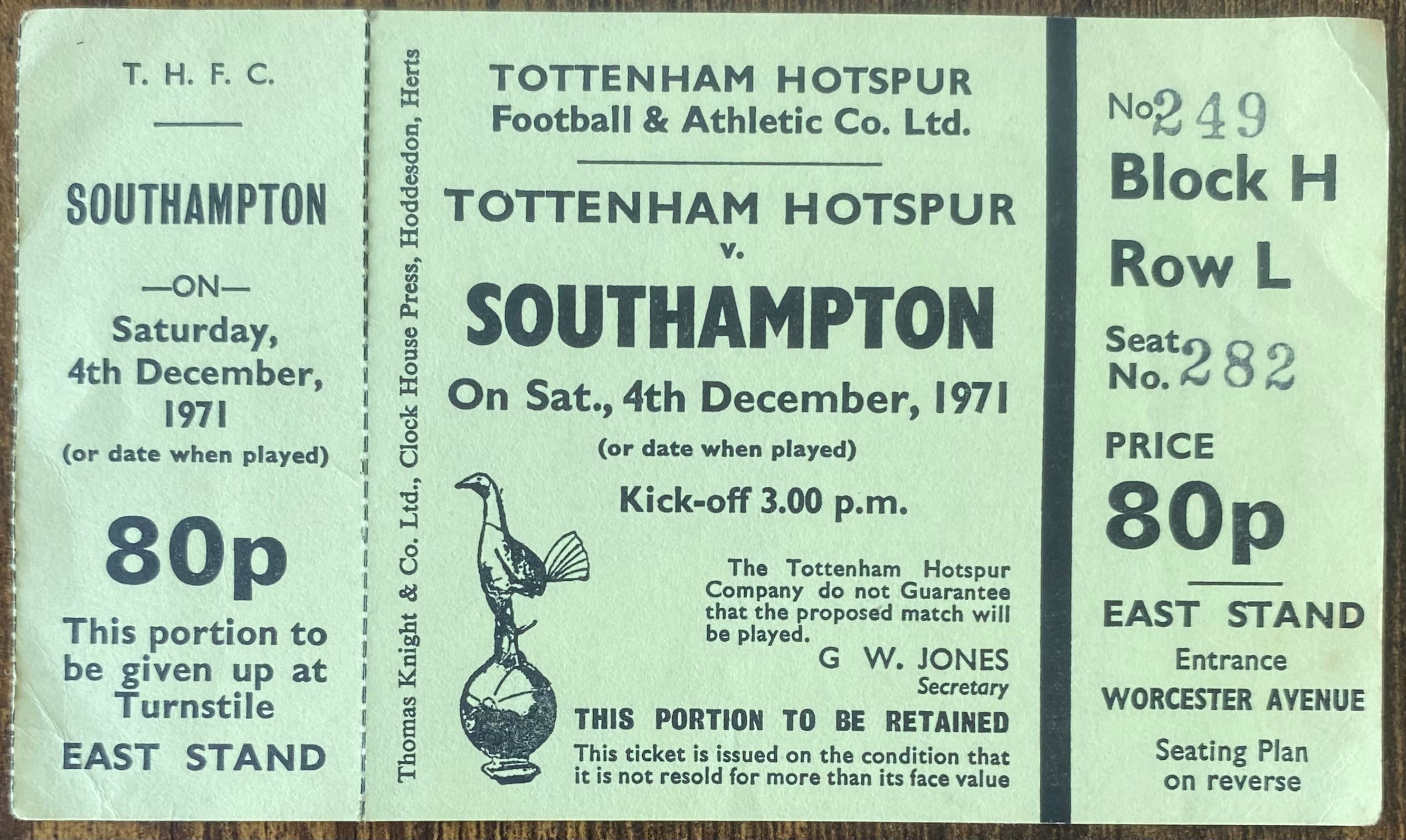 1971/72 ORIGINAL DIVISION ONE UNUSED TICKET TOTTENHAM HOTSPUR V SOUTHAMPTON