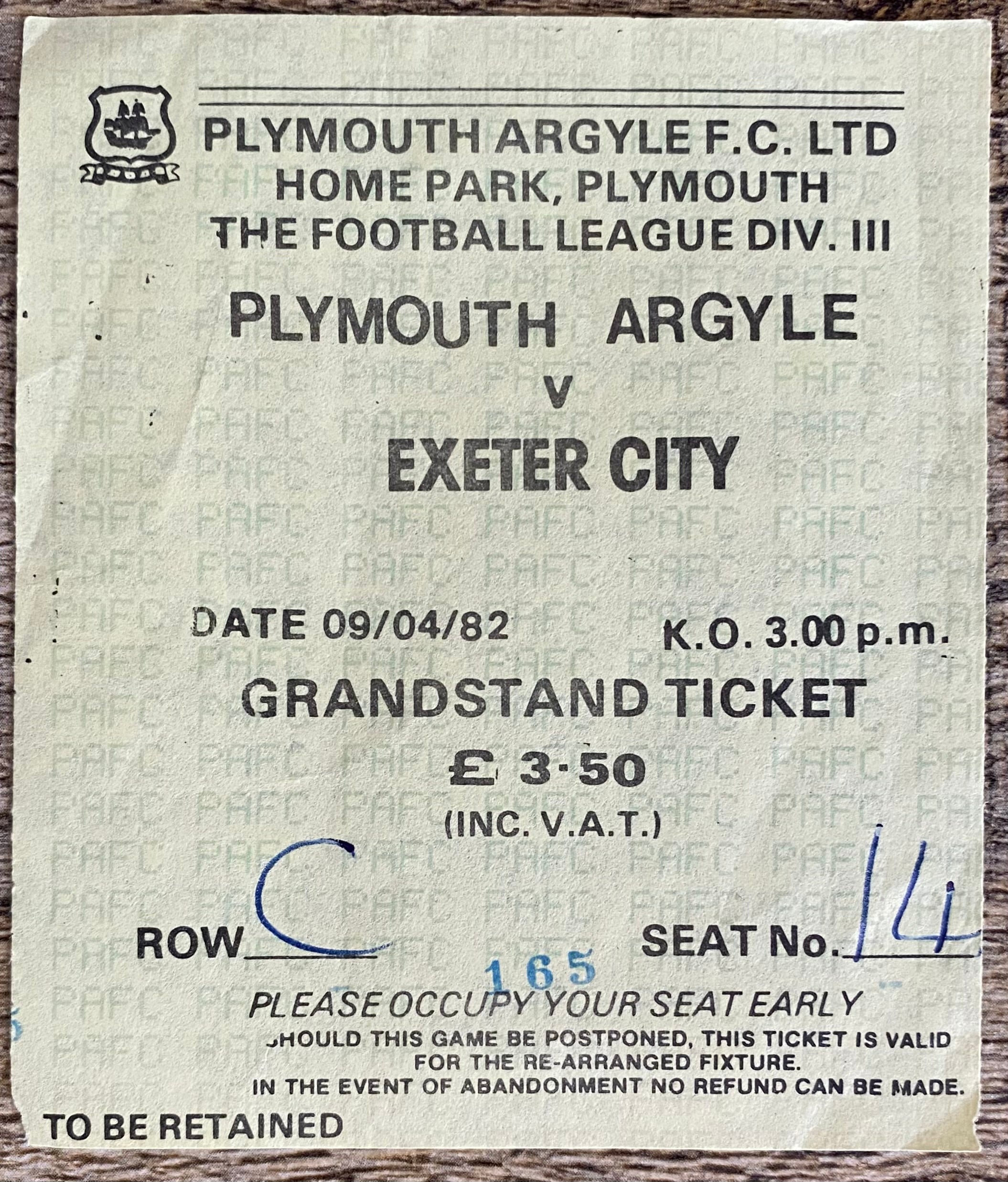 1981/82 ORIGINAL DIVISION 3 TICKET PLYMOUTH ARGYLE V EXETER CITY
