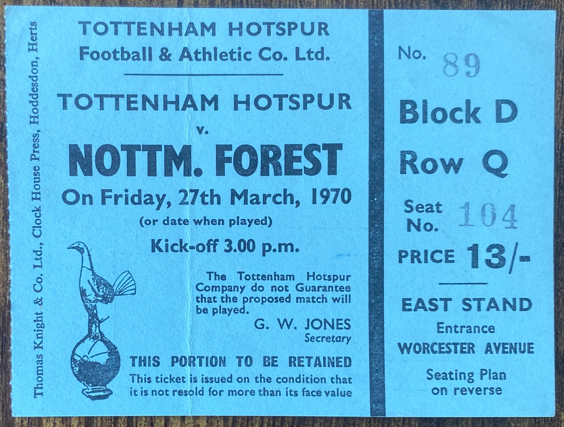 1969/70 ORIGINAL DIVISION ONE TICKET TOTTENHAM HOTSPUR V NOTTINGHAM FOREST