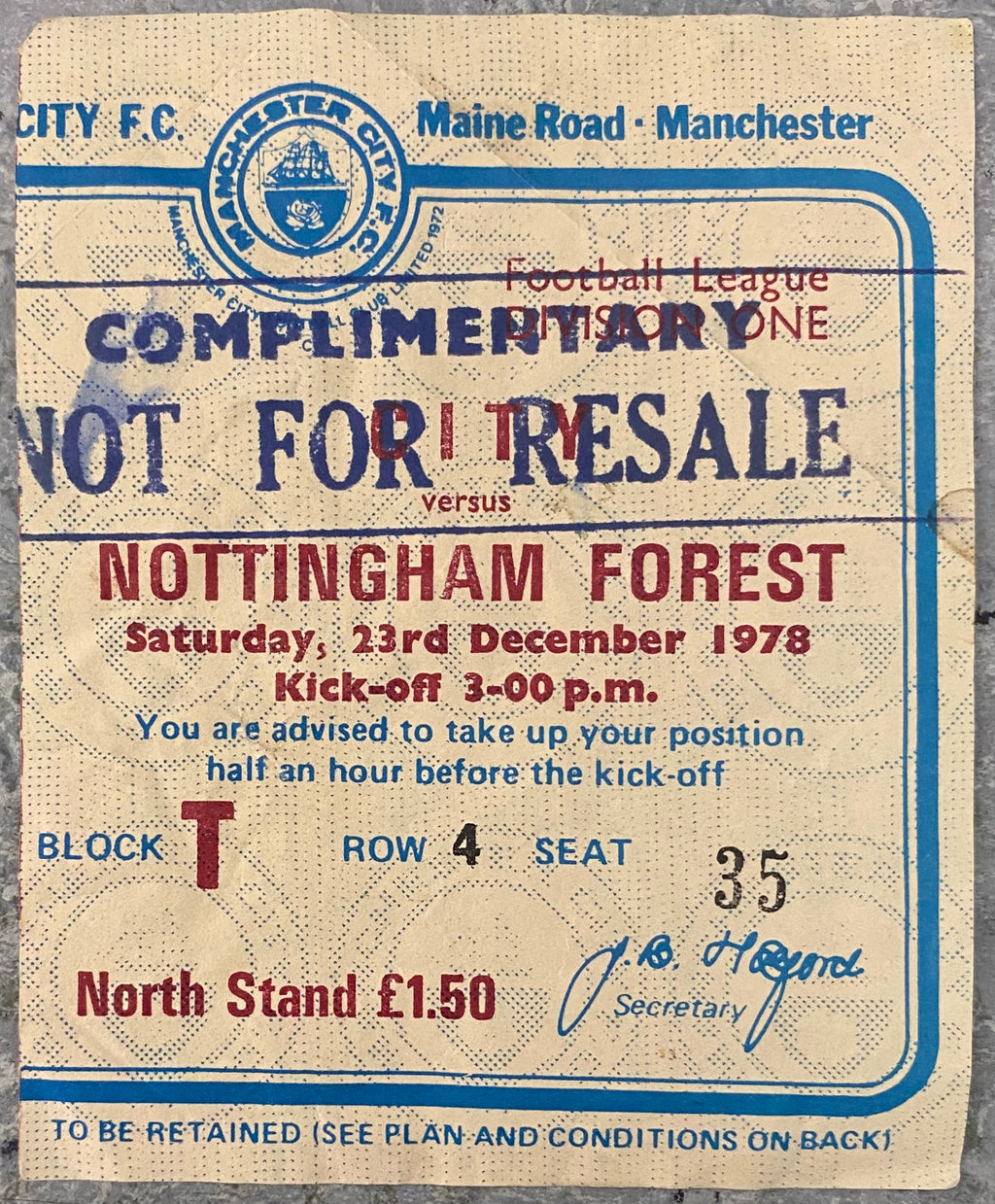 1978/79 ORIGINAL DIVISION 1 TICKET MANCHESTER CITY V NOTTINGHAM FOREST