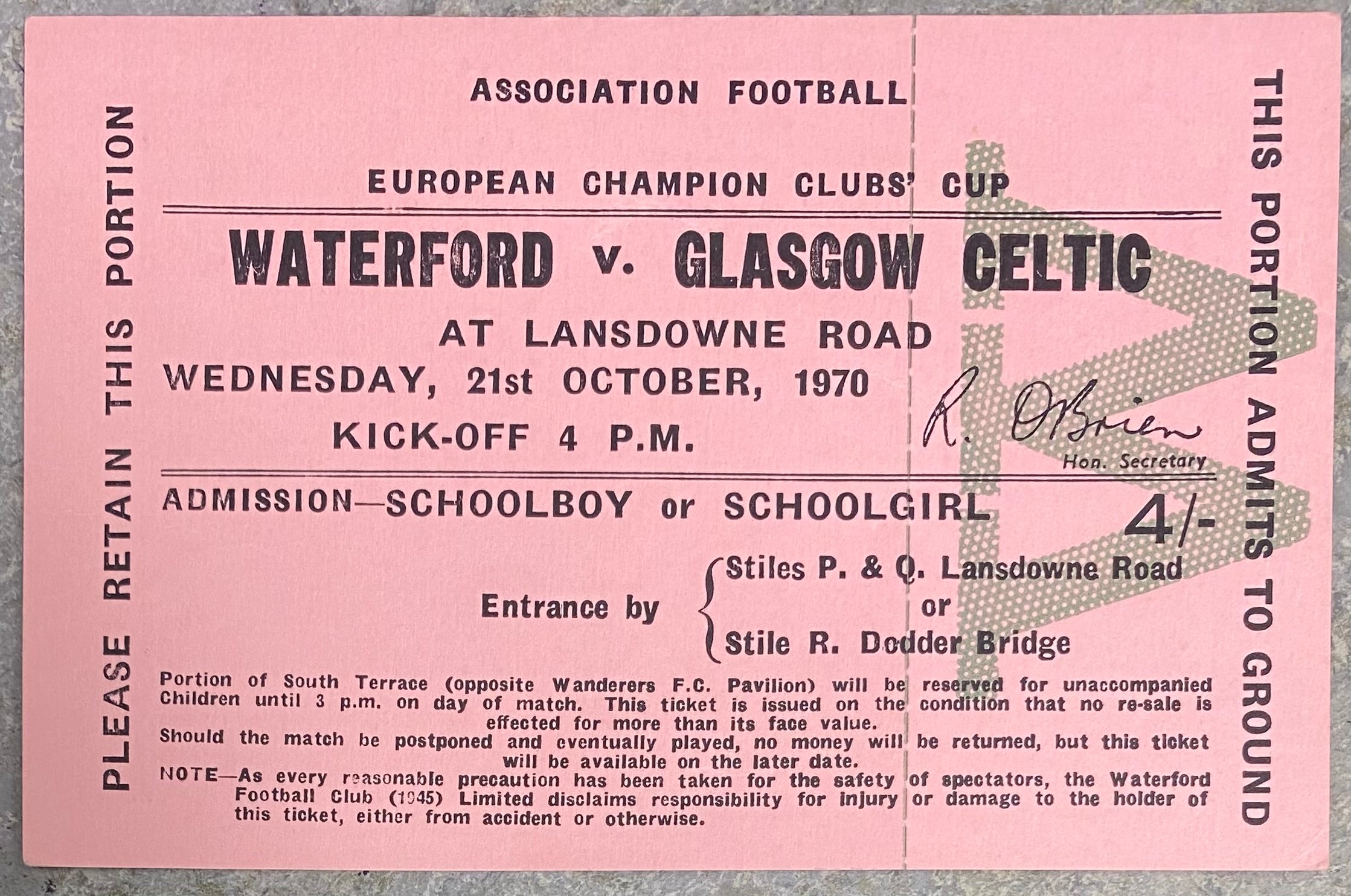 1970/71 ORIGINAL UNUSED EUROPEAN CUP 2ND ROUND 1ST LEG TICKET WATERFORD V GLASGOW CELTIC