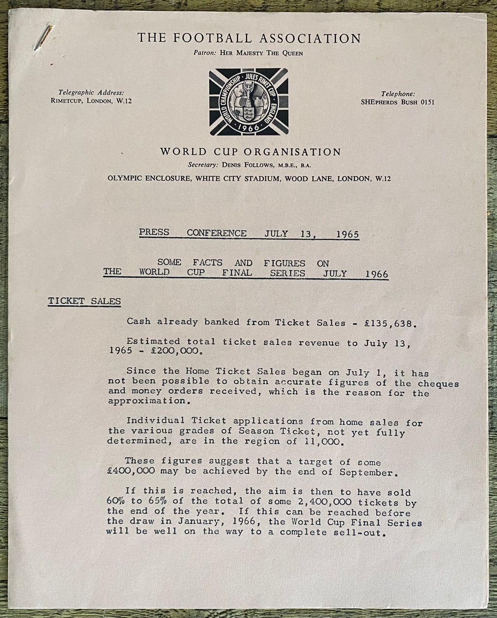 1966 WORLD CUP ORGANISATION ORIGINAL OFFICIAL PRESS CONFERENCE AGENDA JULY 1965 (6 PAGES)