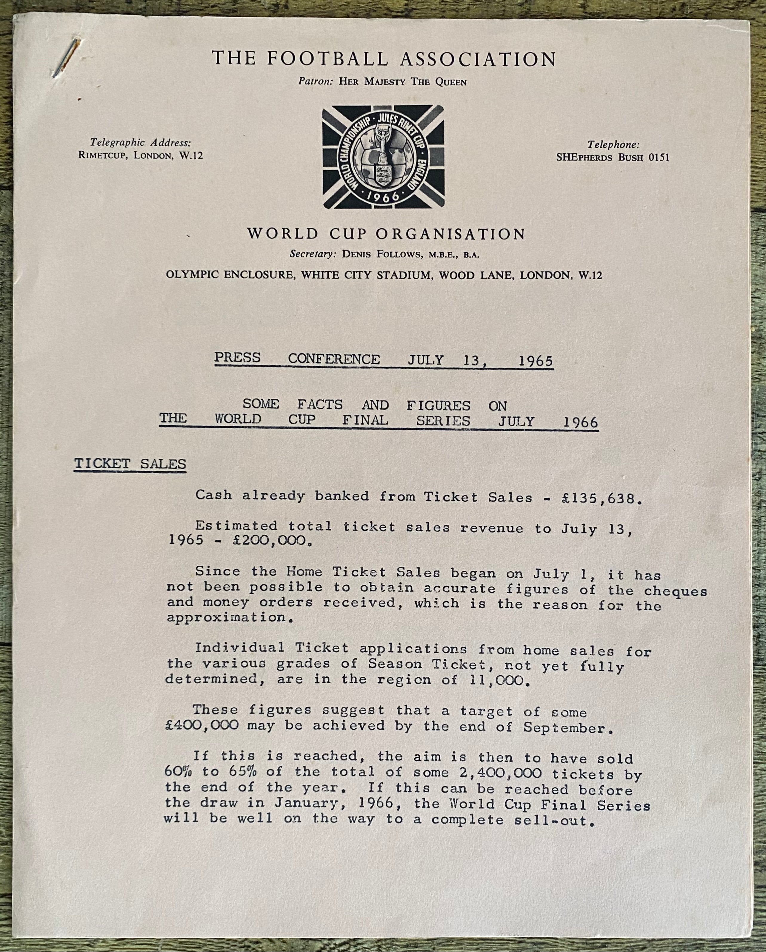 1966 WORLD CUP ORGANISATION ORIGINAL OFFICIAL PRESS CONFERENCE AGENDA JULY 1965 (6 PAGES)