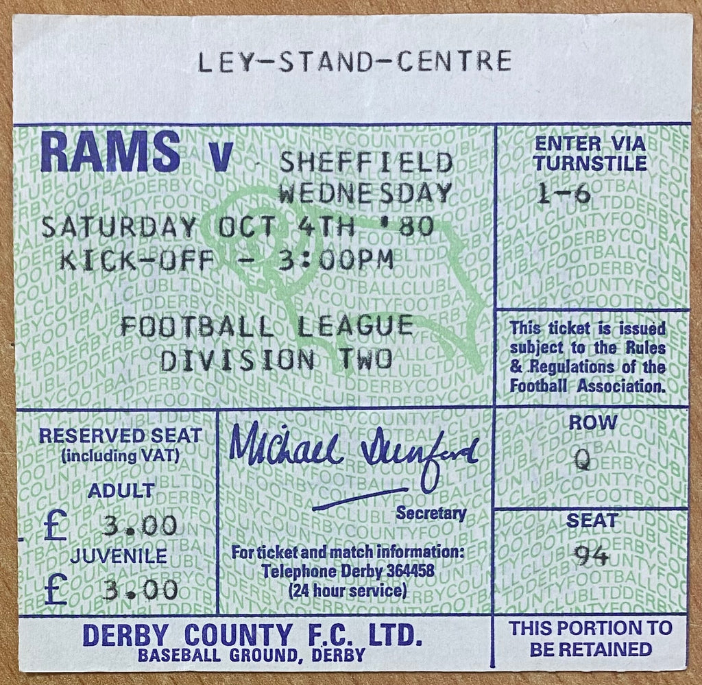 1980/81 ORIGINAL DIVISION 2 TICKET DERBY COUNTY V SHEFFIELD WEDNESDAY