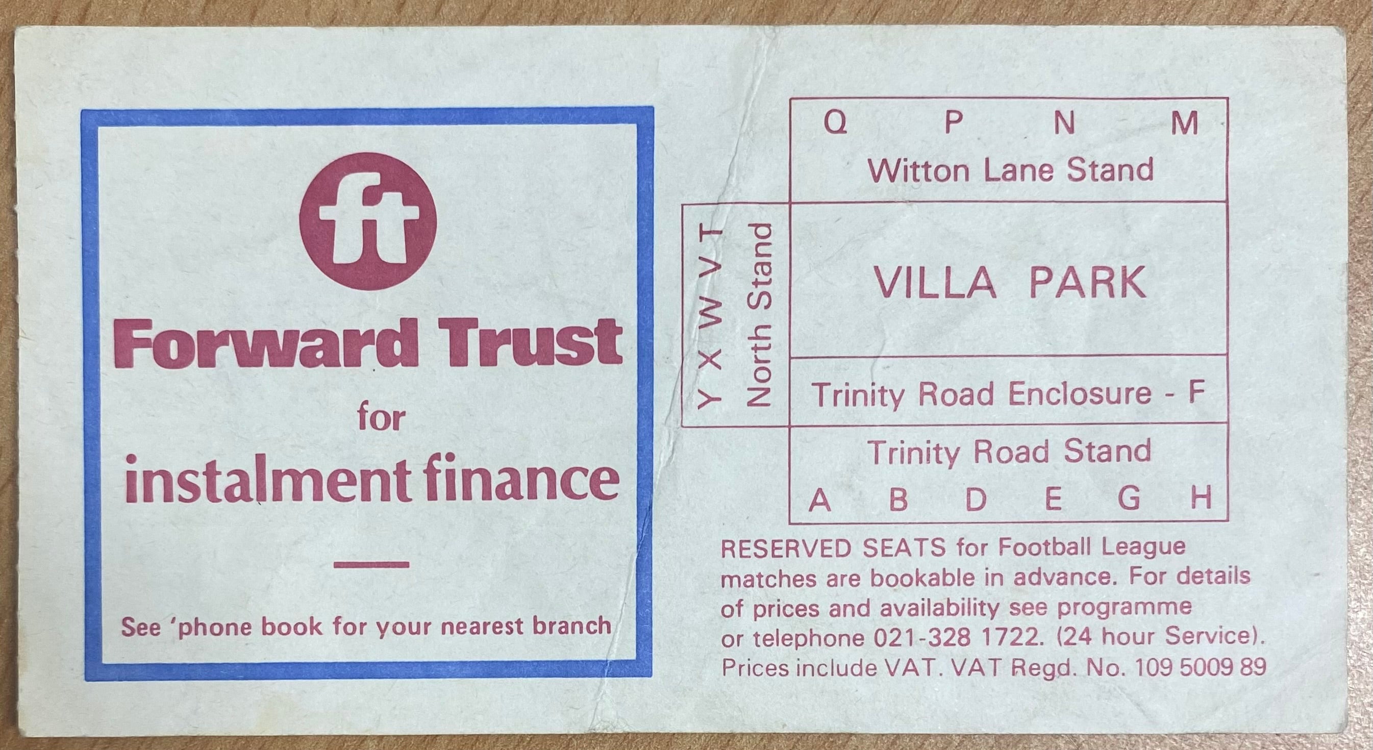1979/80 ORIGINAL DIVISION 1 TICKET ASTON VILLA V CRYSTAL PALACE
