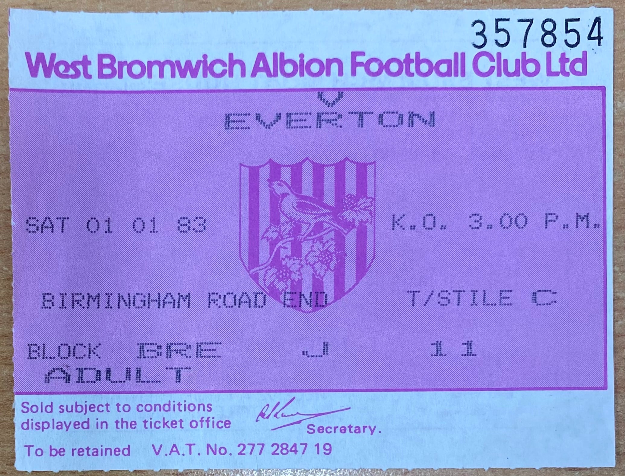 1982/83 ORIGINAL DIVISION 1 TICKET WEST BROMWICH ALBION V EVERTON
