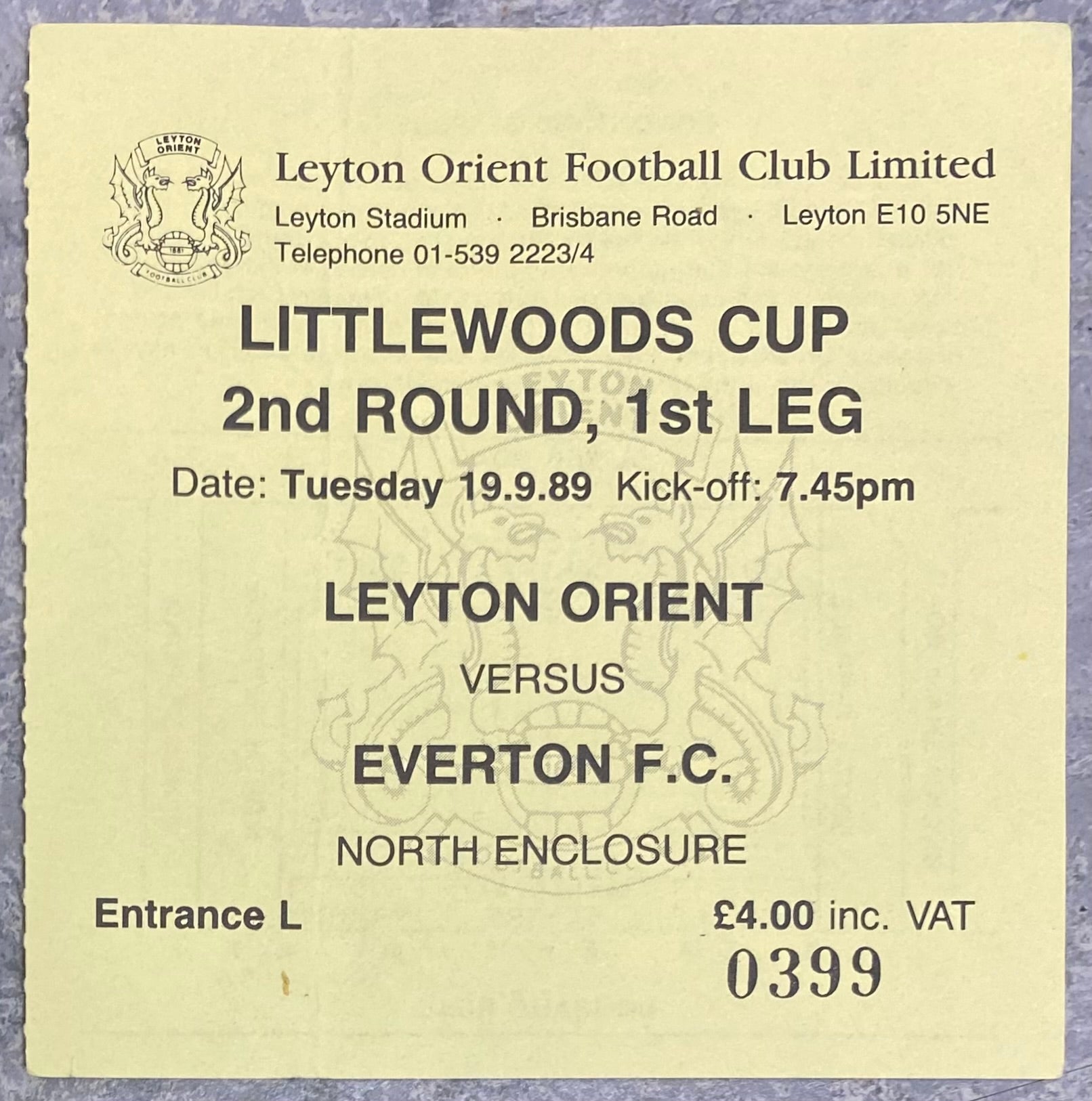 1989/90 ORIGINAL LITTLEWOODS CUP 2ND ROUND 1ST LEG TICKET LEYTON ORIENT V EVERTON