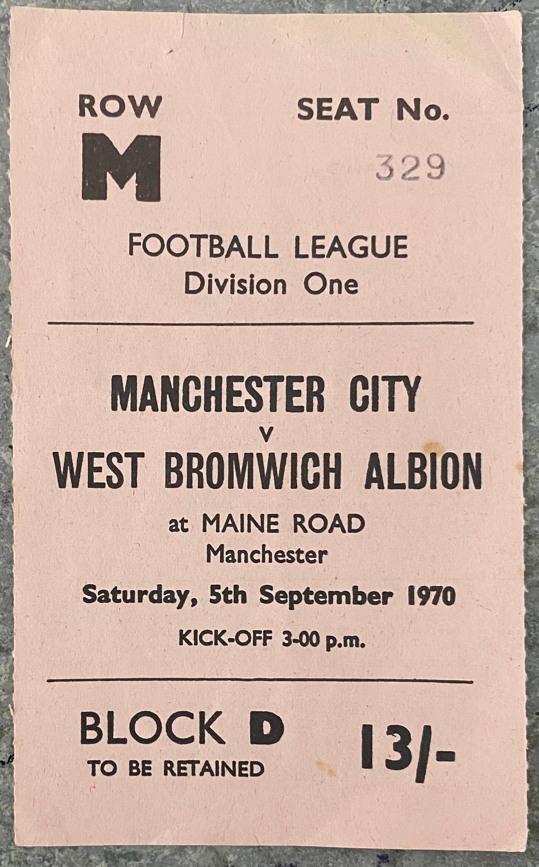 1970/71 ORIGINAL DIVISION 1 TICKET MANCHESTER CITY V WEST BROMWICH ALBION