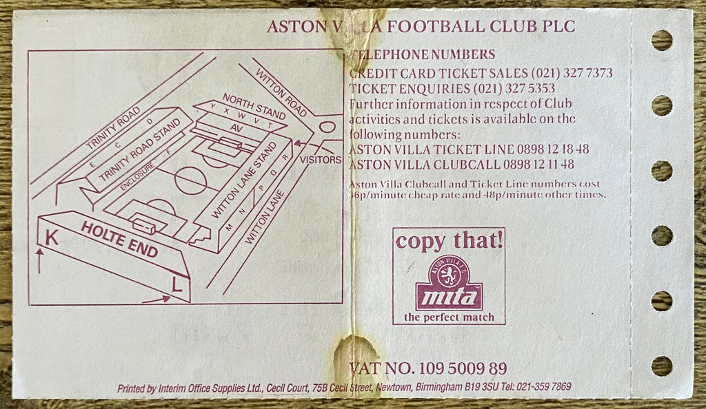 1992/93 ORIGINAL PREMIER LEAGUE TICKET ASTON VILLA V OLDHAM ATHLETIC
