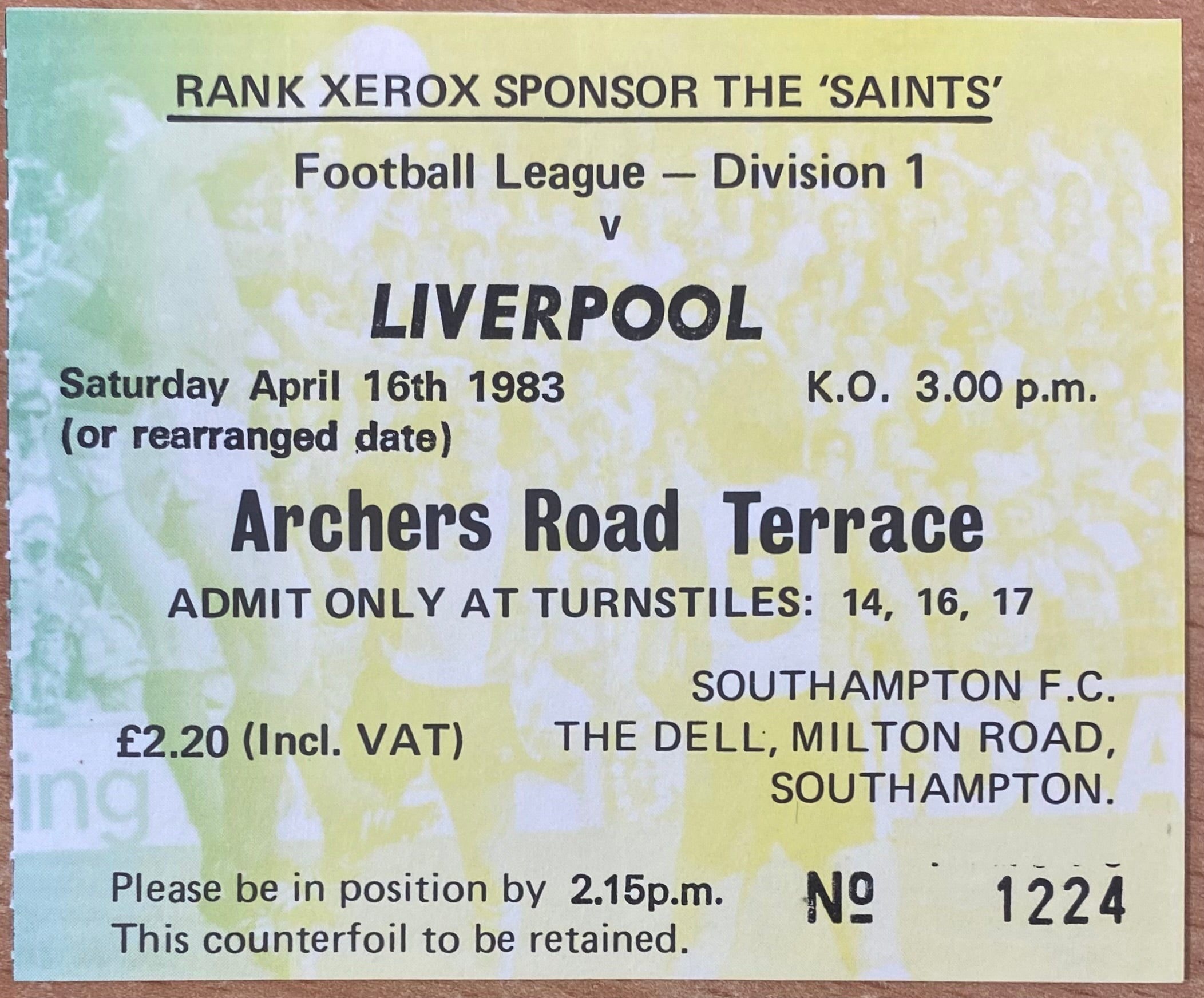 1982/83 ORIGINAL DIVISION ONE TICKET SOUTHAMPTON V LIVERPOOL