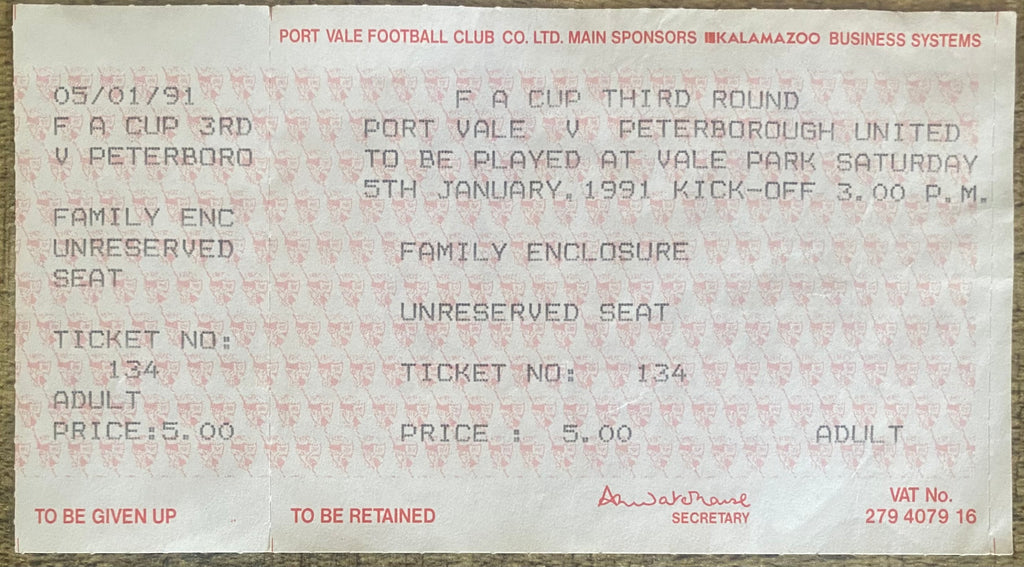 1990/91 ORIGINAL FA CUP 3RD ROUND UNUSED TICKET PORT VALE V PETERBOROUGH