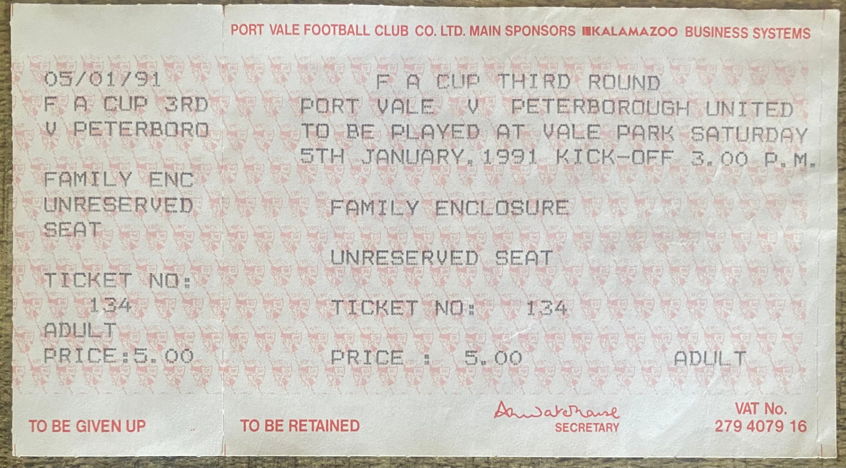 1990/91 ORIGINAL FA CUP 3RD ROUND UNUSED TICKET PORT VALE V PETERBOROUGH