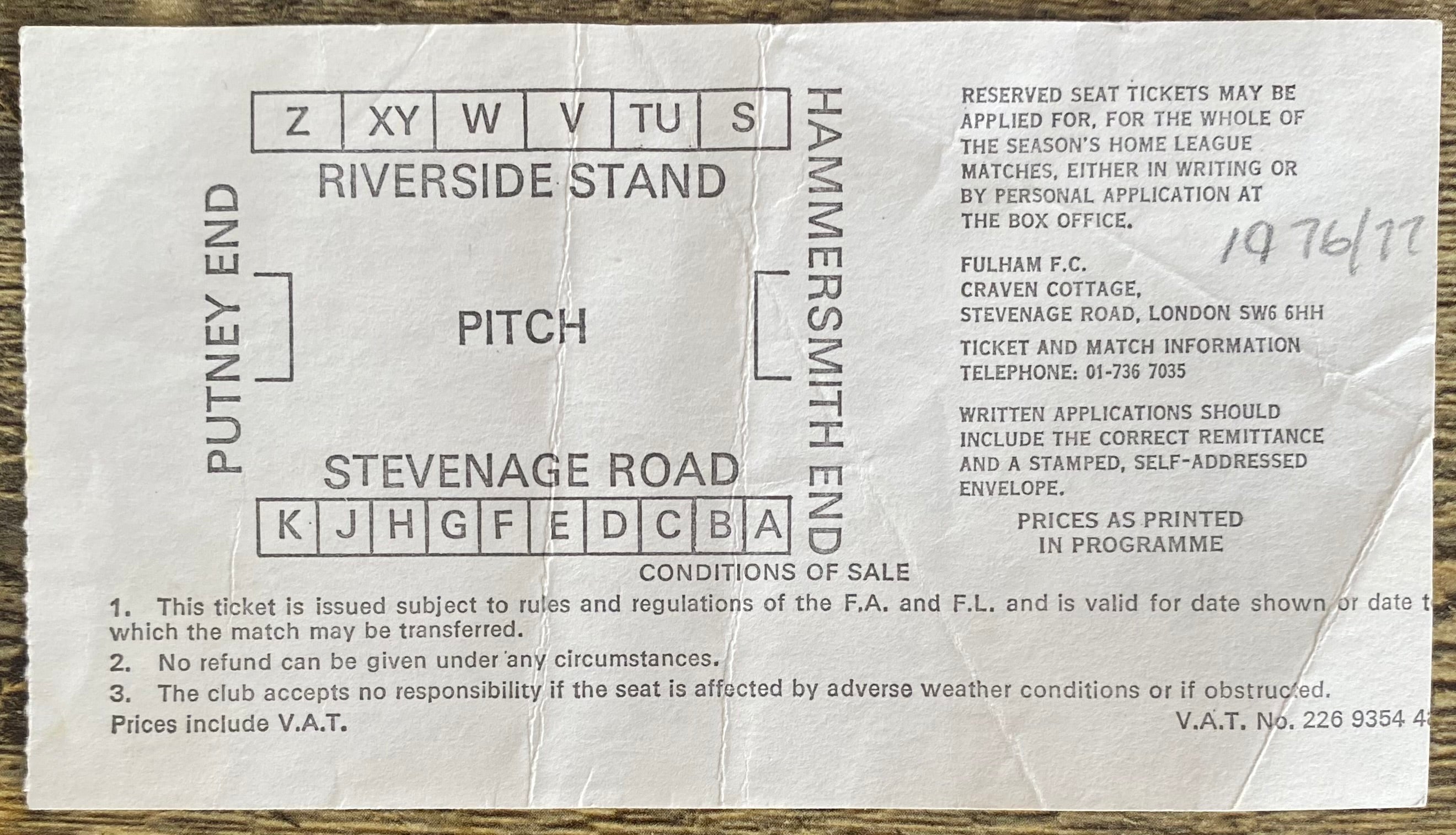 1976/77 ORIGINAL DIVISION 2 TICKET FULHAM V BOLTON WANDERERS