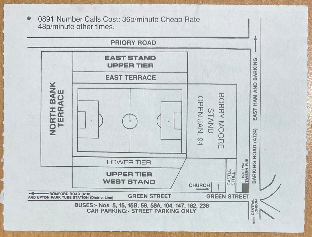 1993/94 ORIGINAL FA PREMIERSHIP TICKET WEST HAM UNITED V LEEDS UNITED