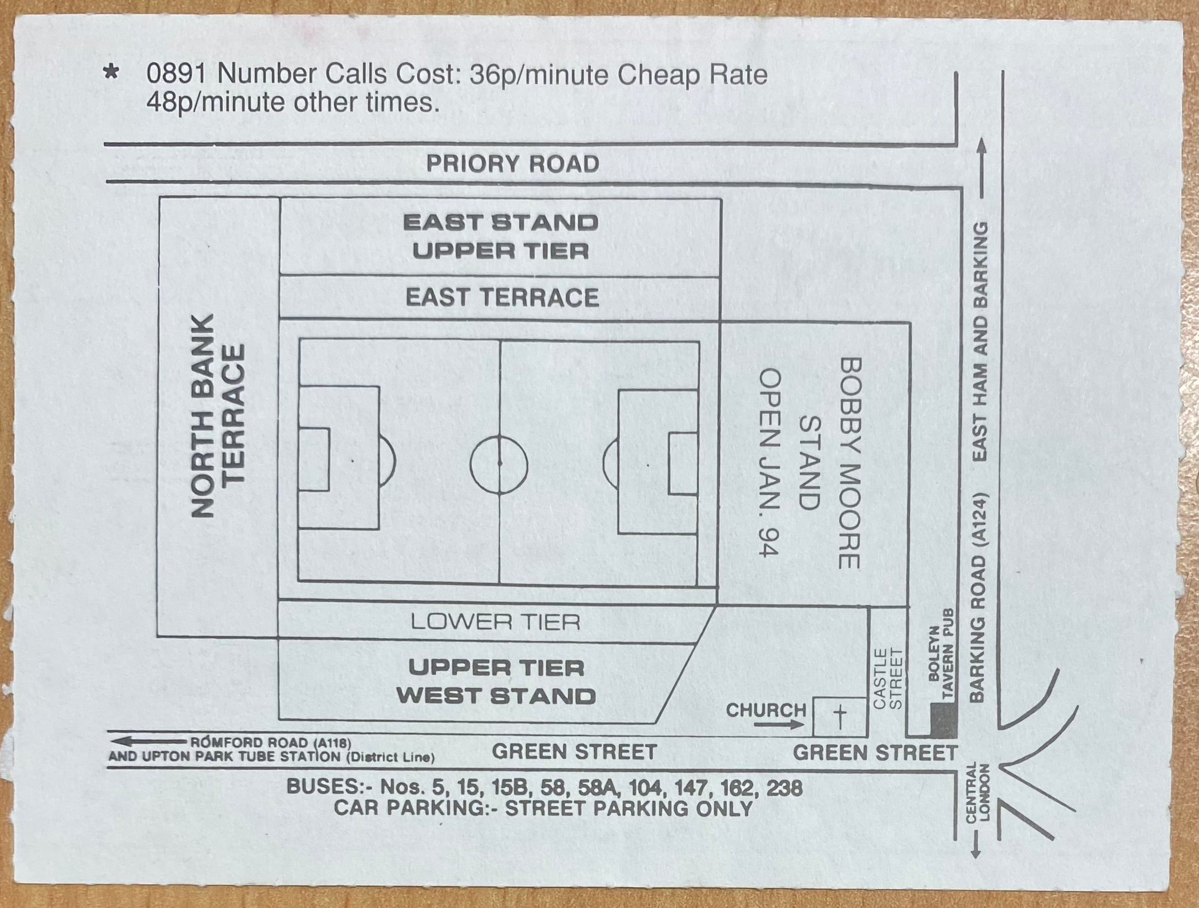 1993/94 ORIGINAL FA PREMIERSHIP TICKET WEST HAM UNITED V LEEDS UNITED