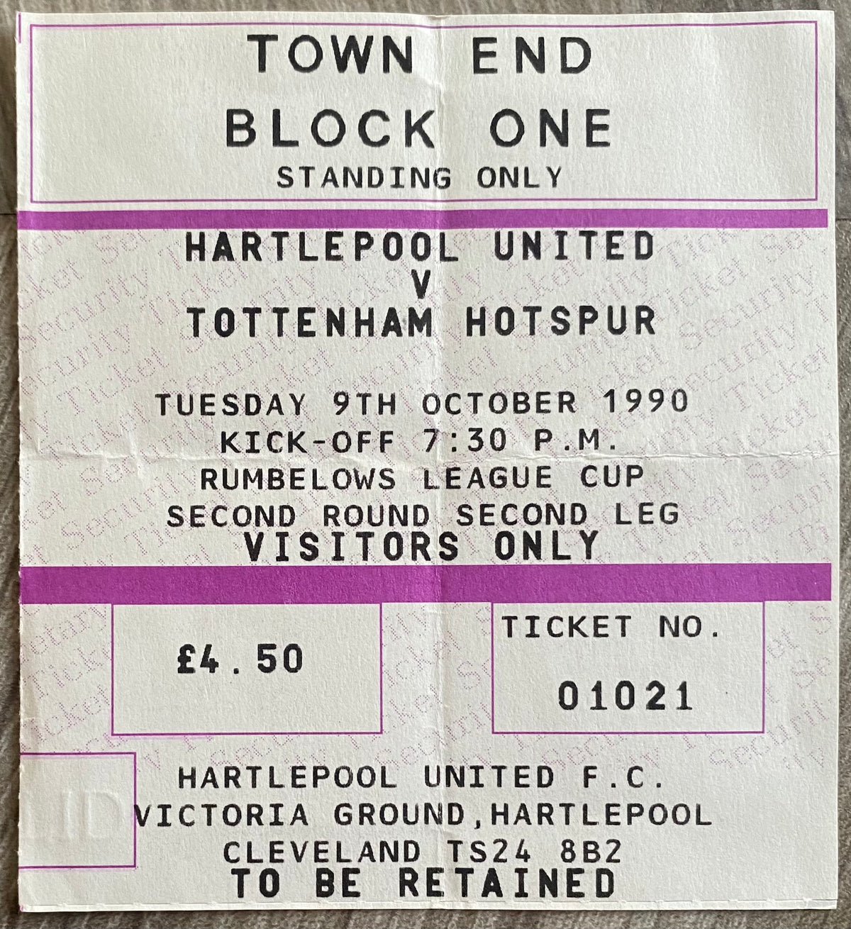1990/91 ORIGINAL RUMBELOWS CUP 2ND ROUND 2ND LEG TICKET HARTLEPOOL UNITED V TOTTENHAM HOTSPUR