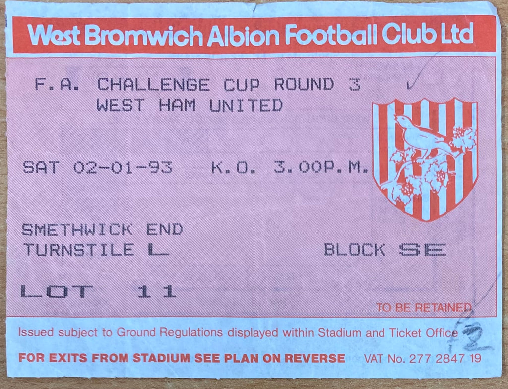1992/93 ORIGINAL FA CUP 3RD ROUND TICKET WEST BROMWICH ALBION V WEST HAM UNITED