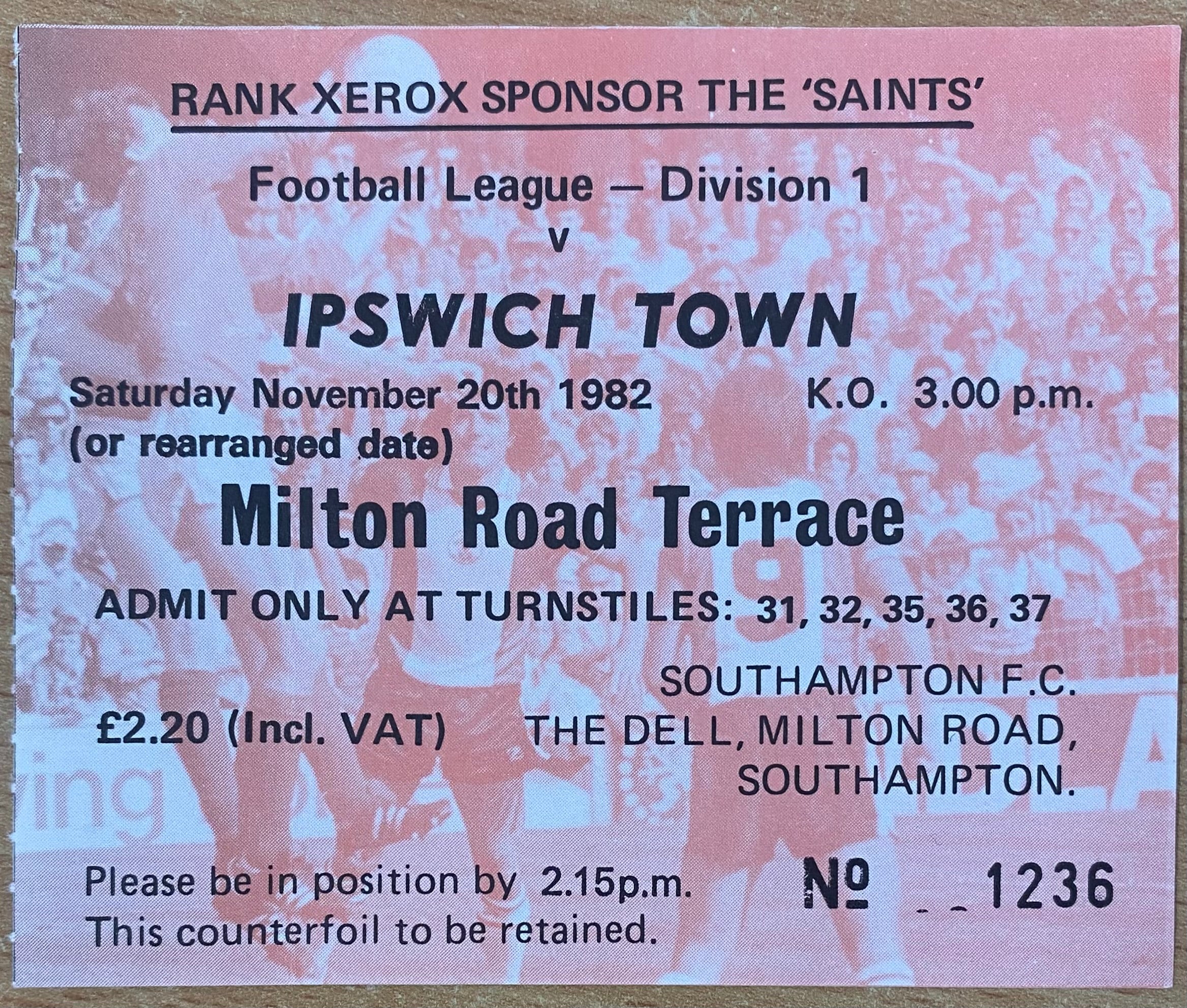 1982/83 ORIGINAL DIVISION ONE TICKET SOUTHAMPTON V IPSWICH TOWN