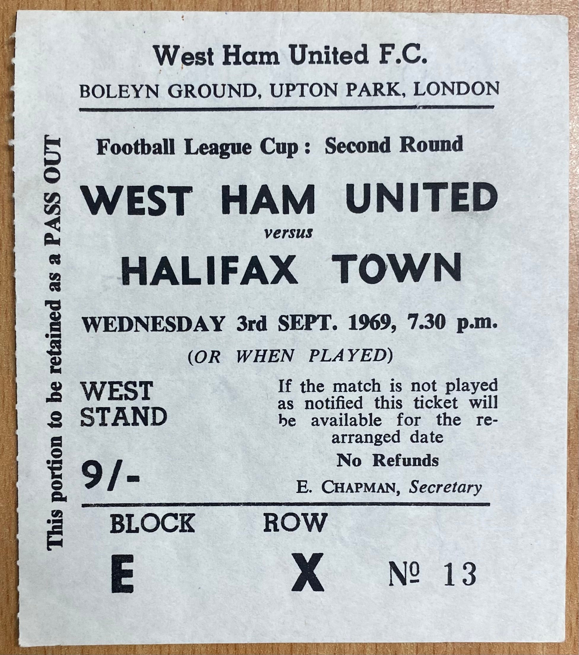1968/69 ORIGINAL LEAGUE CUP 2ND ROUND TICKET WEST HAM UNITED V HALIFAX TOWN