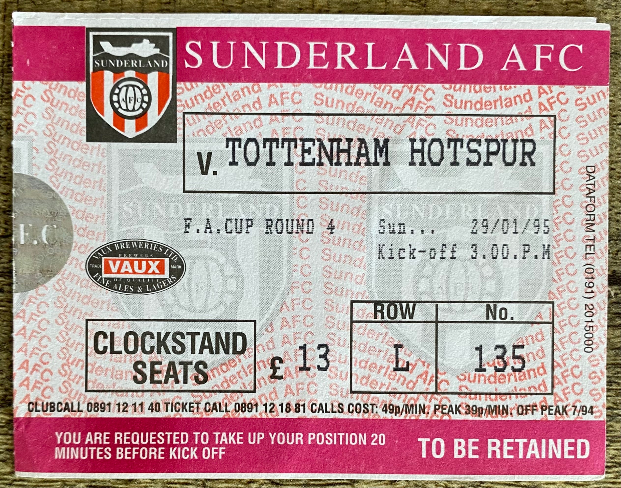1994/95 ORIGINAL FA CUP 4TH ROUND TICKET SUNDERLAND v TOTTENHAM HOTSPUR