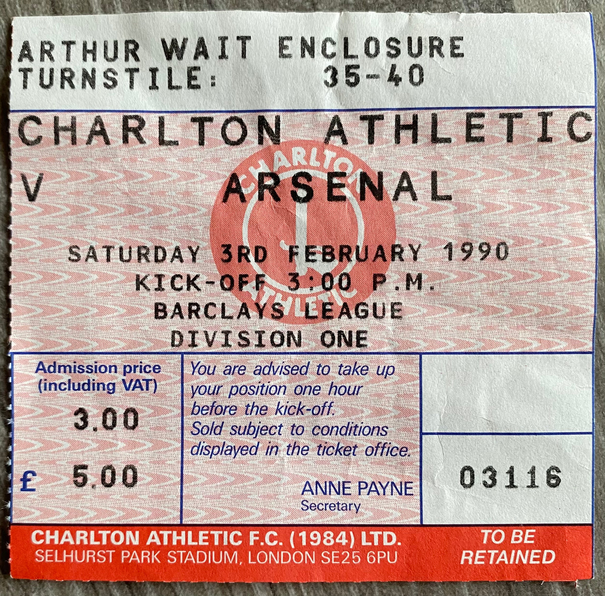 1989/90 ORIGINAL DIVISION ONE TICKET CHARLTON ATHLETIC V ARSENAL