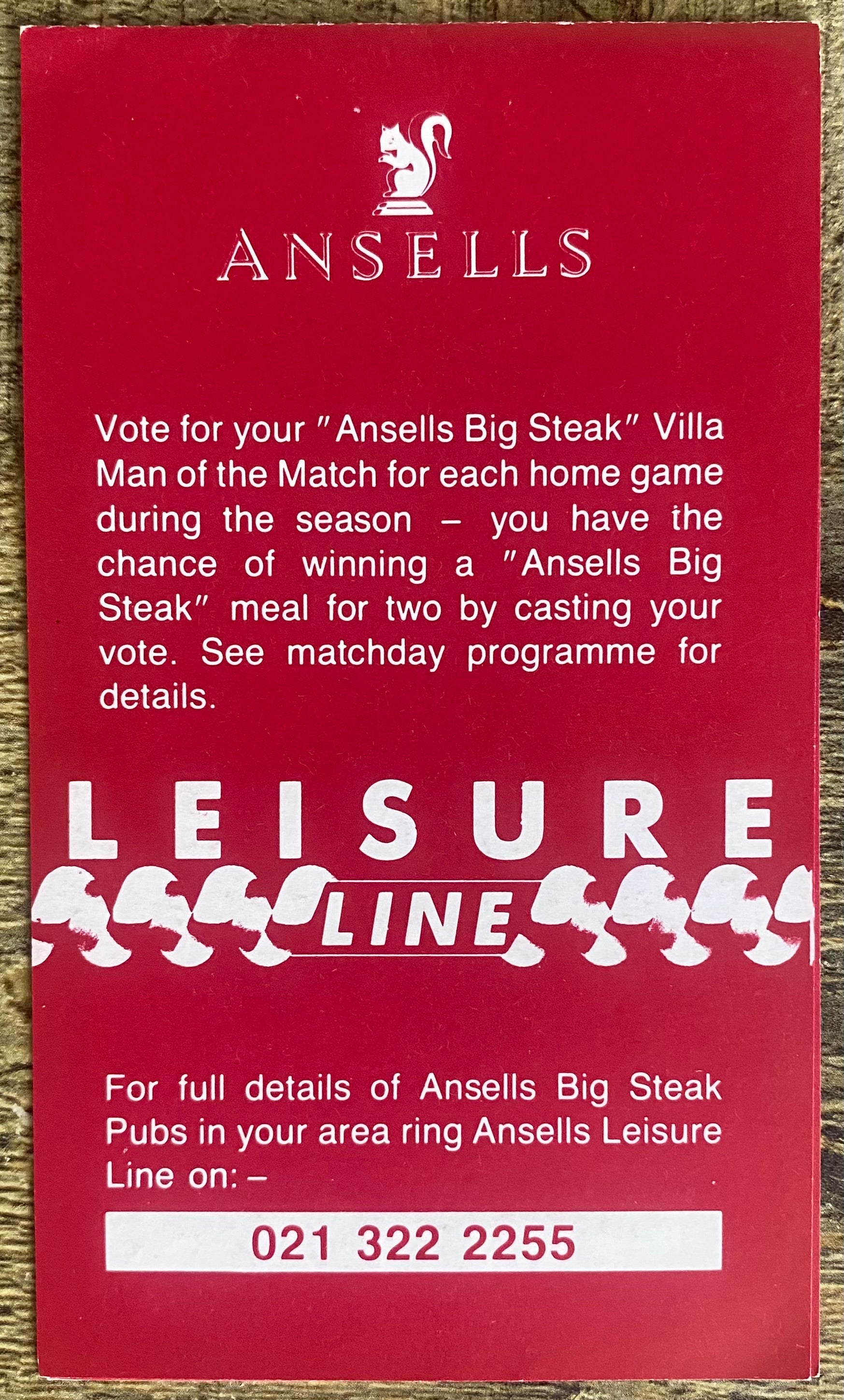 1990/91 ORIGINAL CLUB ISSUED FIXTURE LIST FOR ASTON VILLA