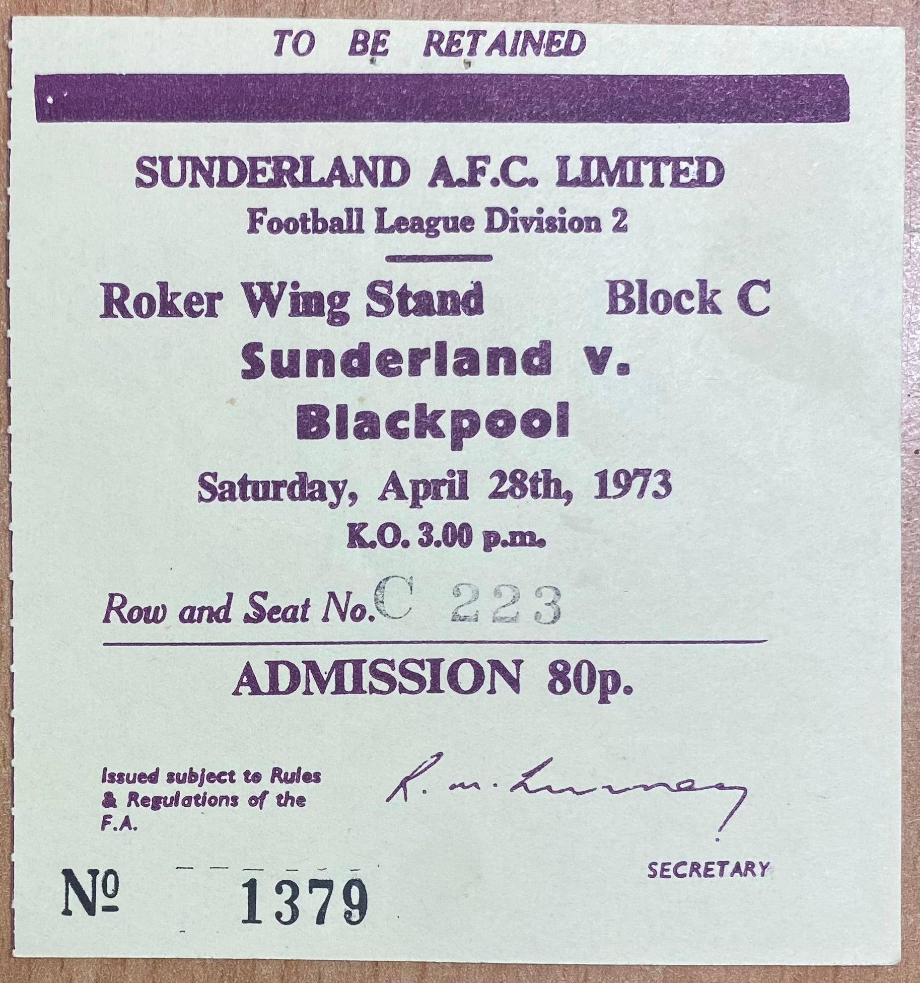 1972/73 ORIGINAL DIVISION 2 TICKET SUNDERLAND V BLACKPOOL
