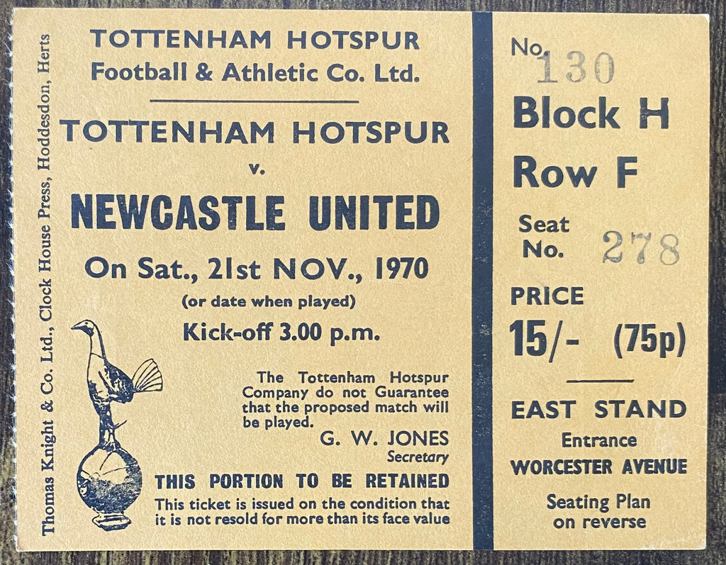 1970/71 ORIGINAL DIVISION ONE TICKET TOTTENHAM HOTSPUR V NEWCASTLE UNITED