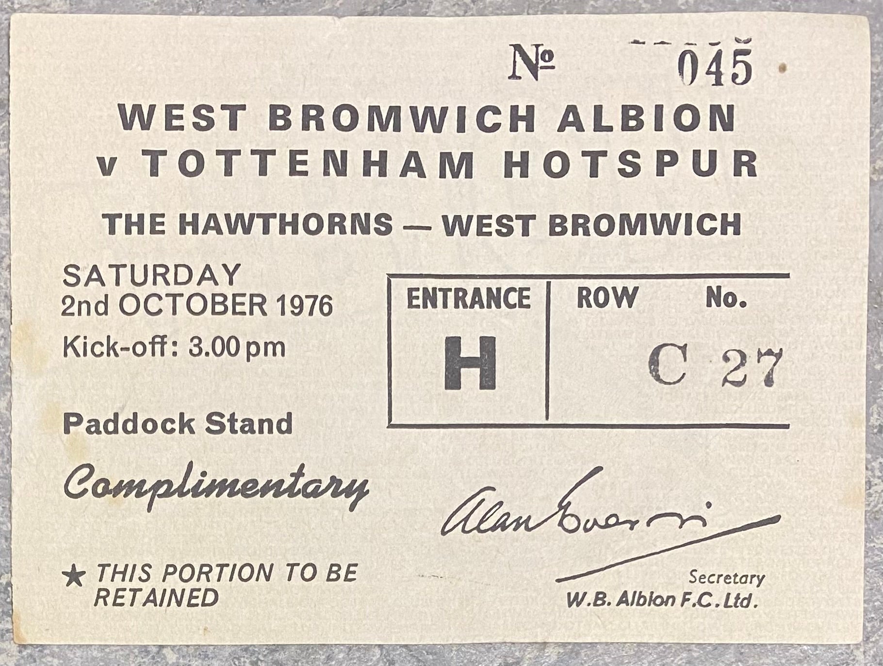 1976/77 ORIGINAL DIVISION ONE TICKET WEST BROMWICH ALBION V TOTTENHAM HOTSPUR