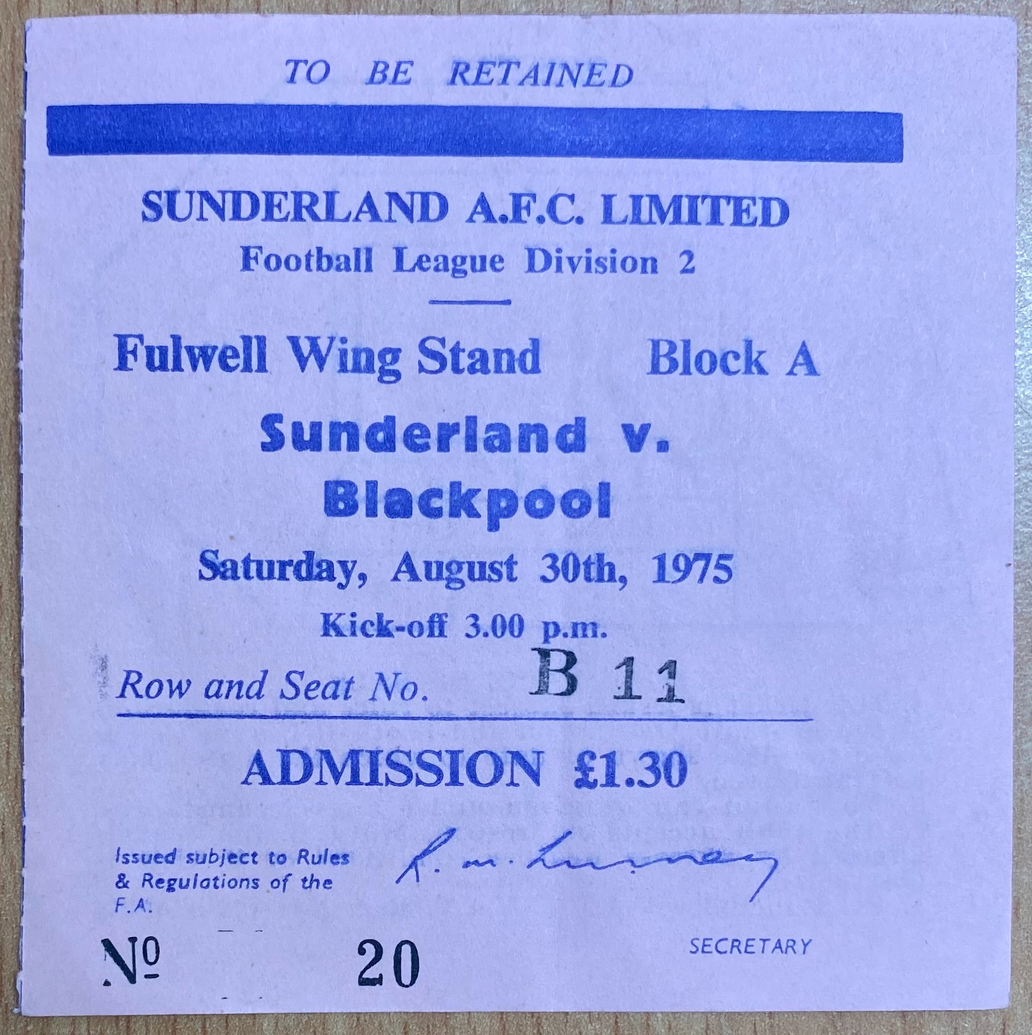 1975/76 ORIGINAL DIVISION 2 TICKET SUNDERLAND V BLACKPOOL