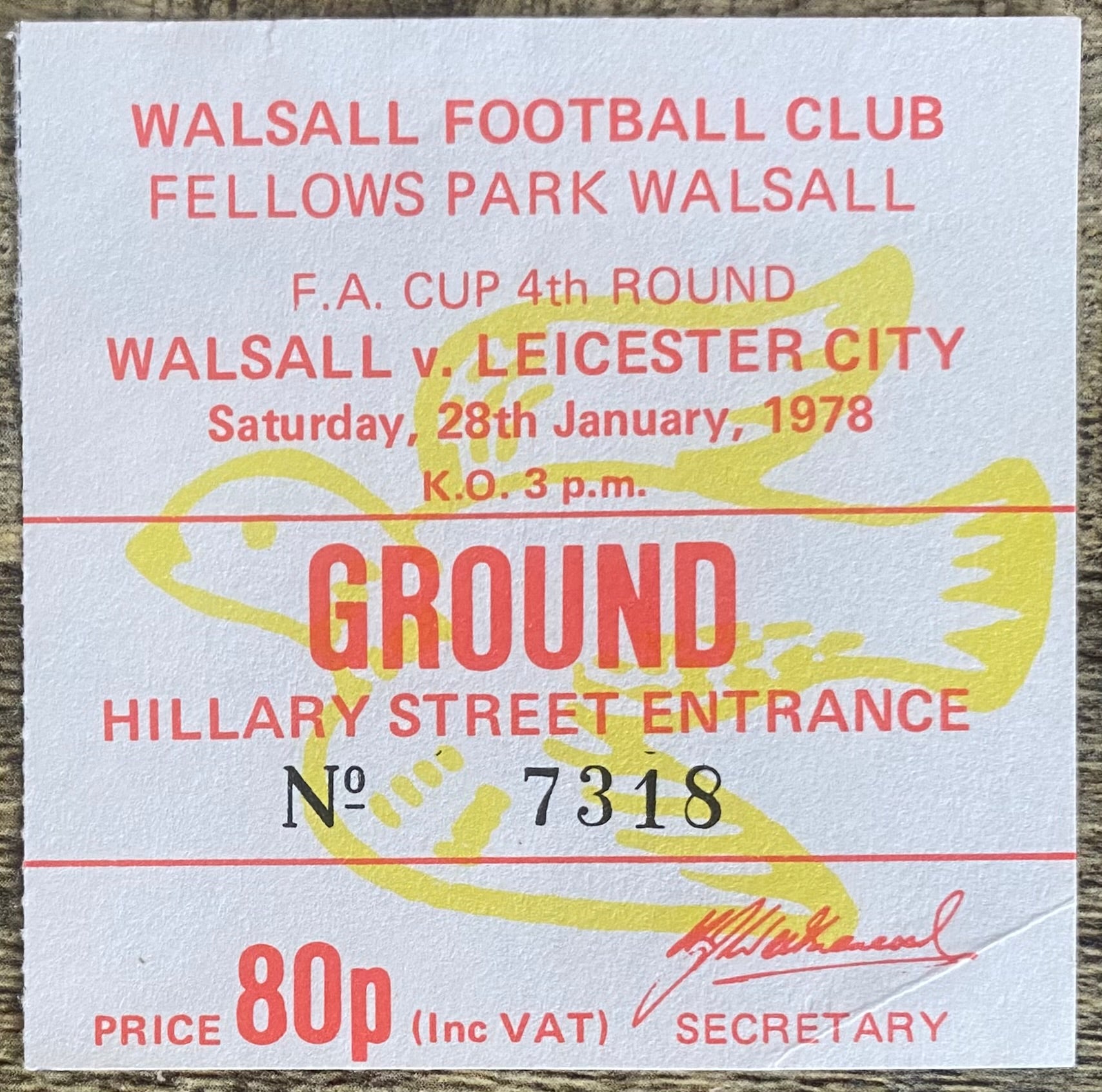 1977/78 ORIGINAL FA CUP 4TH ROUND TICKET WALSALL V LEICESTER CITY