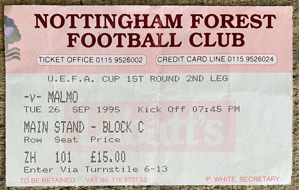 1995/96 ORIGINAL UEFA CUP 1ST ROUND 2ND LEG TICKET NOTTINGHAM FOREST V MALMO