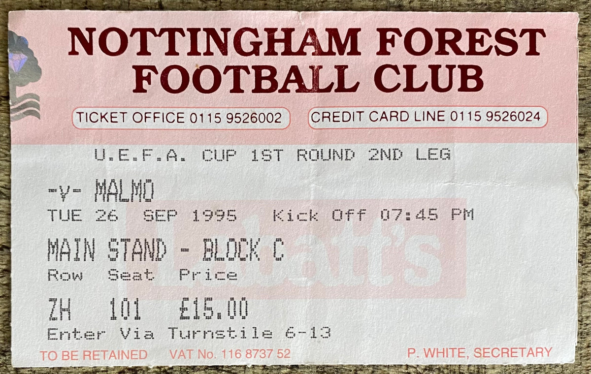 1995/96 ORIGINAL UEFA CUP 1ST ROUND 2ND LEG TICKET NOTTINGHAM FOREST V MALMO