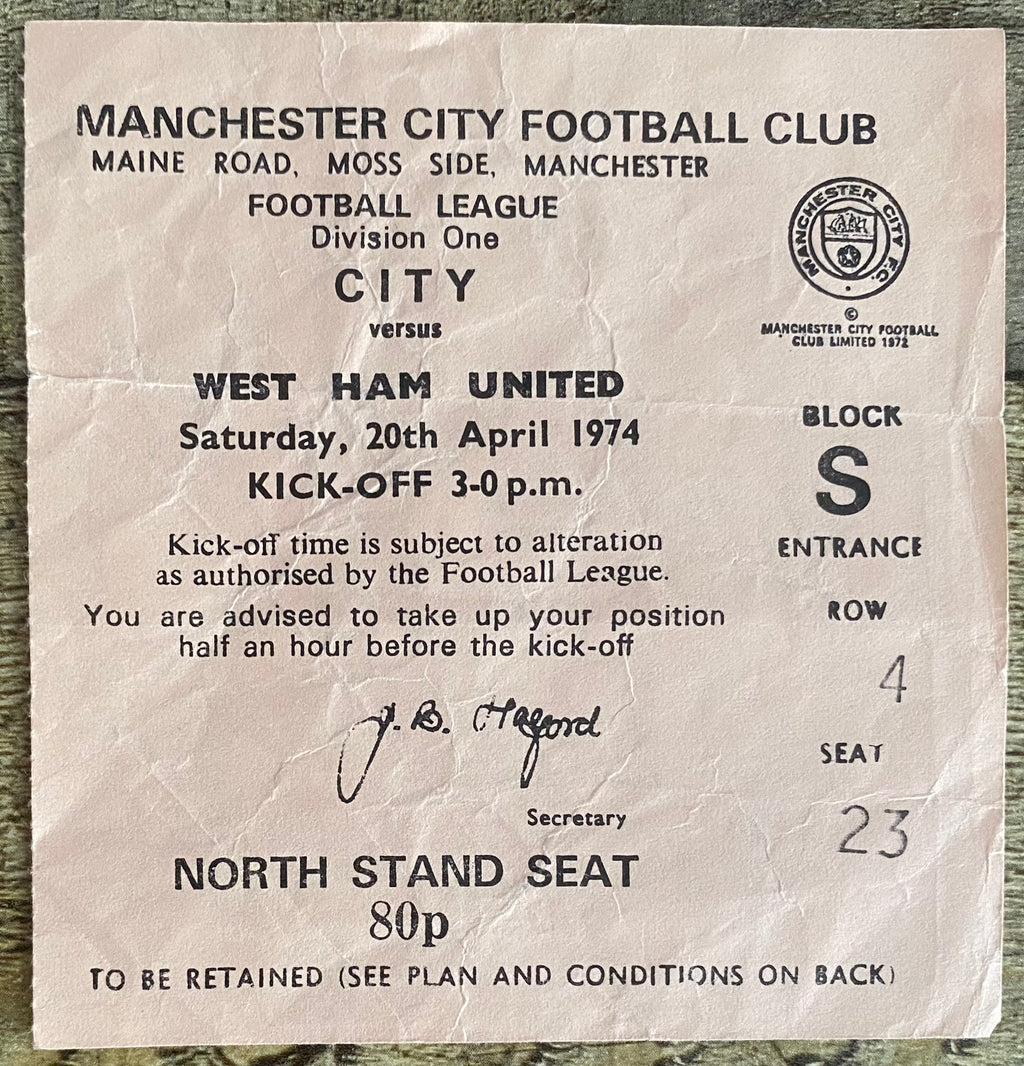 1973/74 ORIGINAL DIVISION 1 TICKET MANCHESTER CITY V WEST HAM UNITED