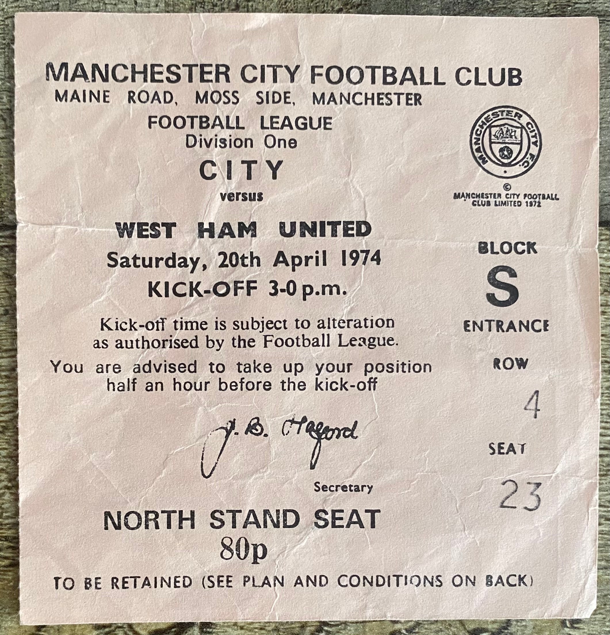 1973/74 ORIGINAL DIVISION 1 TICKET MANCHESTER CITY V WEST HAM UNITED