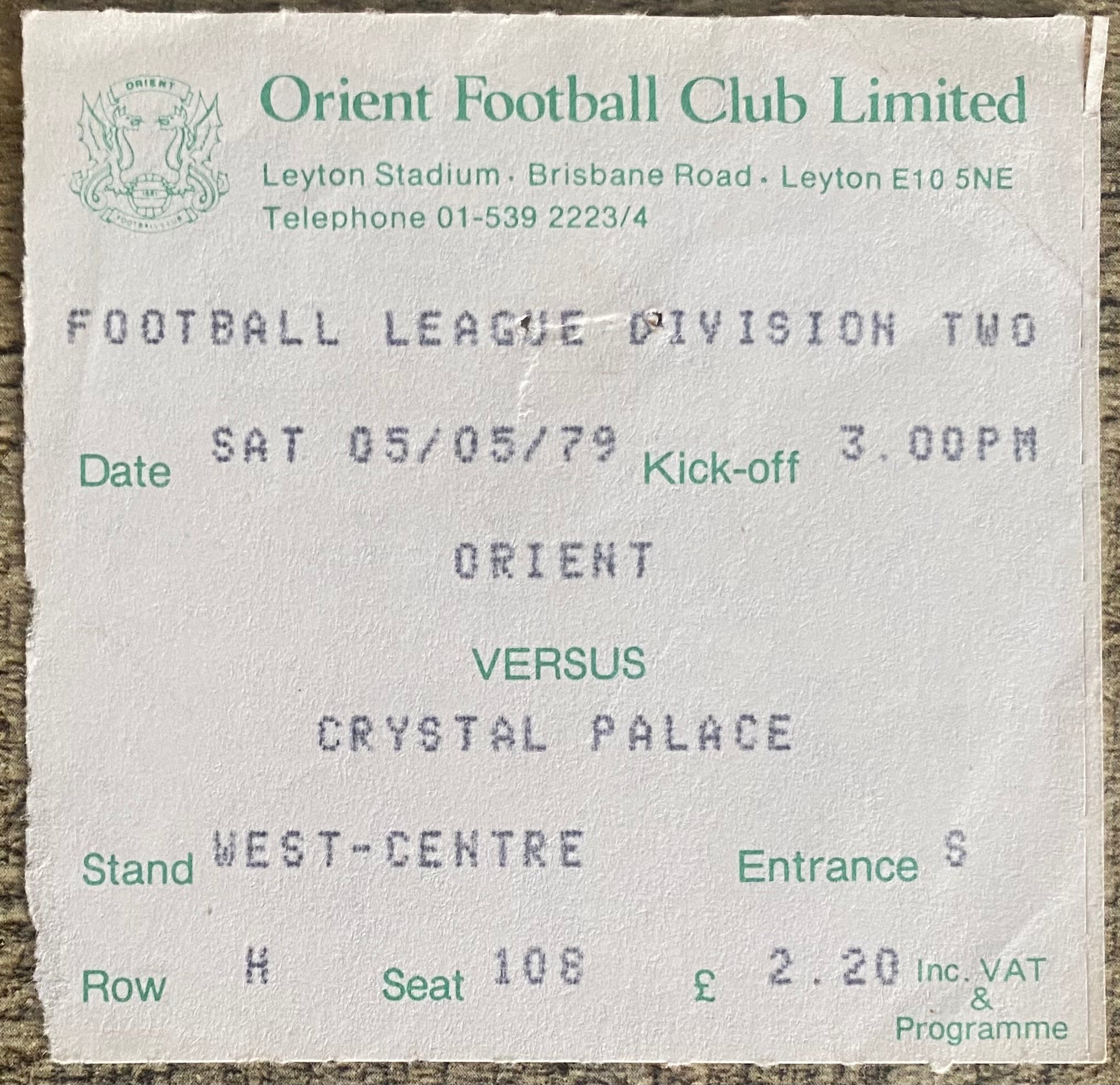 1978/79 ORIGINAL DIVISION 2 TICKET ORIENT V CRYSTAL PALACE