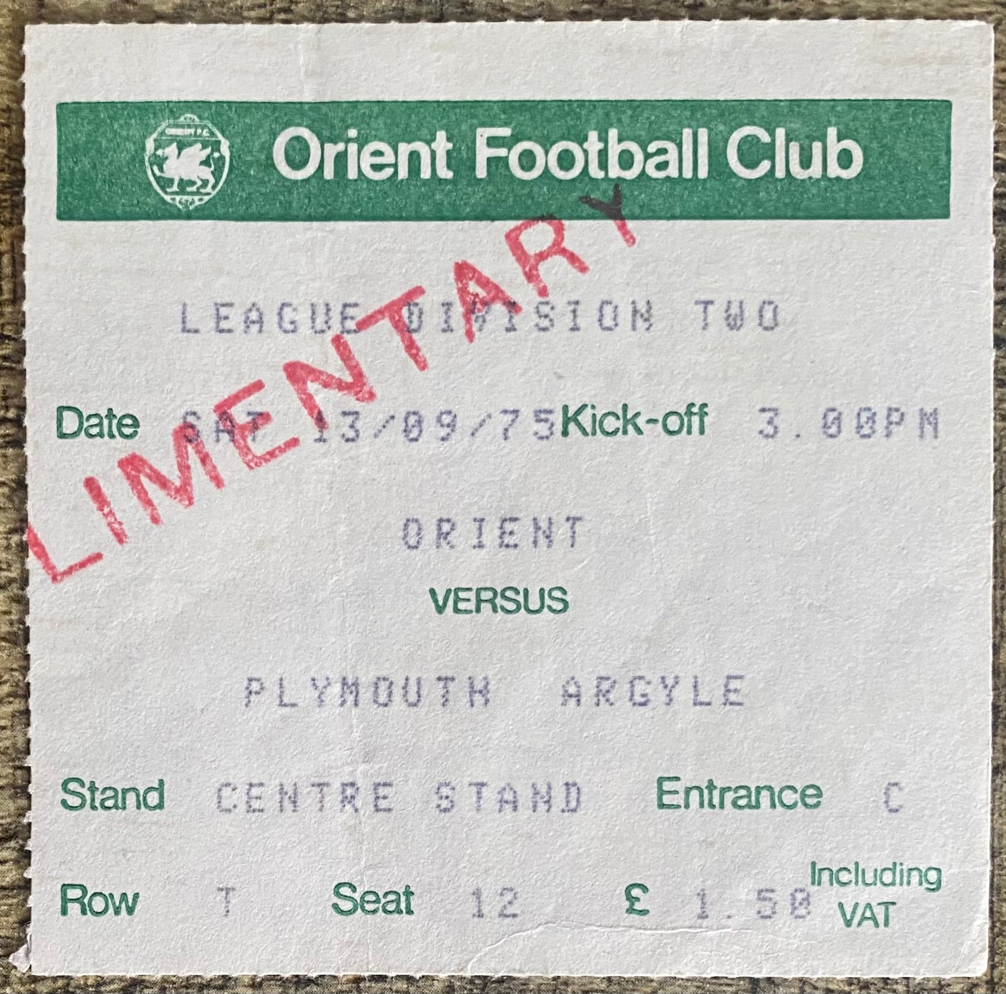 1975/76 ORIGINAL DIVISION 2 TICKET ORIENT V PLYMOUTH ARGYLE