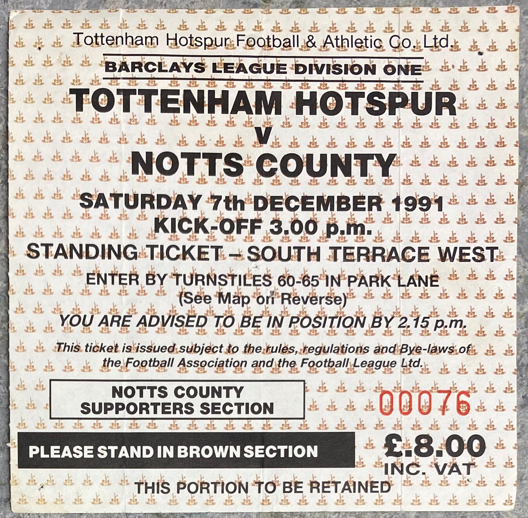 1991/92 ORIGINAL DIVISION ONE TICKET TOTTENHAM HOTSPUR V NOTTS COUNTY
