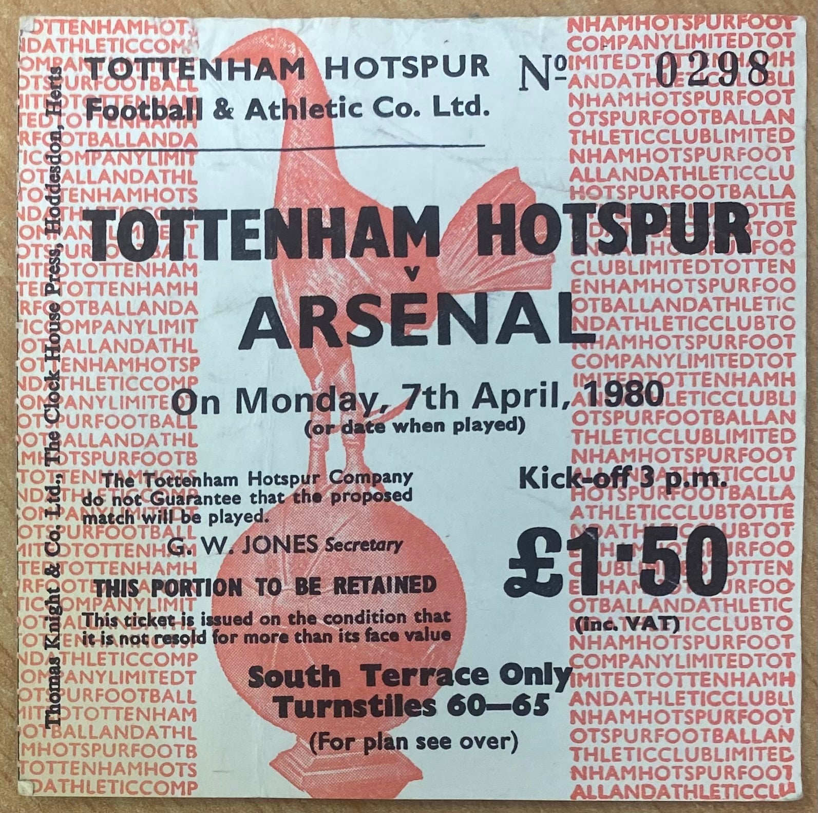 1979/80 ORIGINAL DIVISION ONE TICKET TOTTENHAM HOTSPUR V ARSENAL