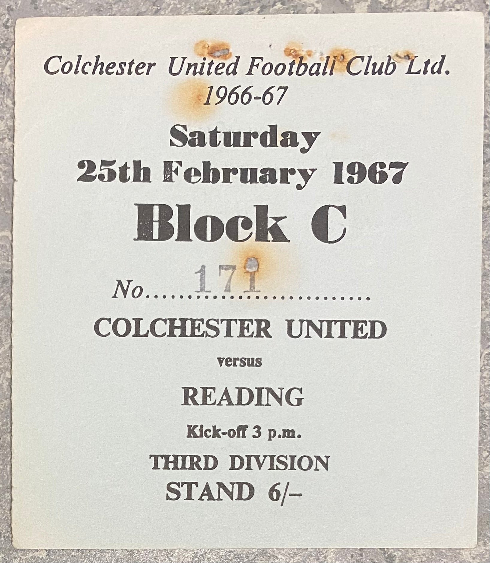 1966/67 ORIGINAL DIVISION 3 TICKET COLCHESTER UNITED V READING