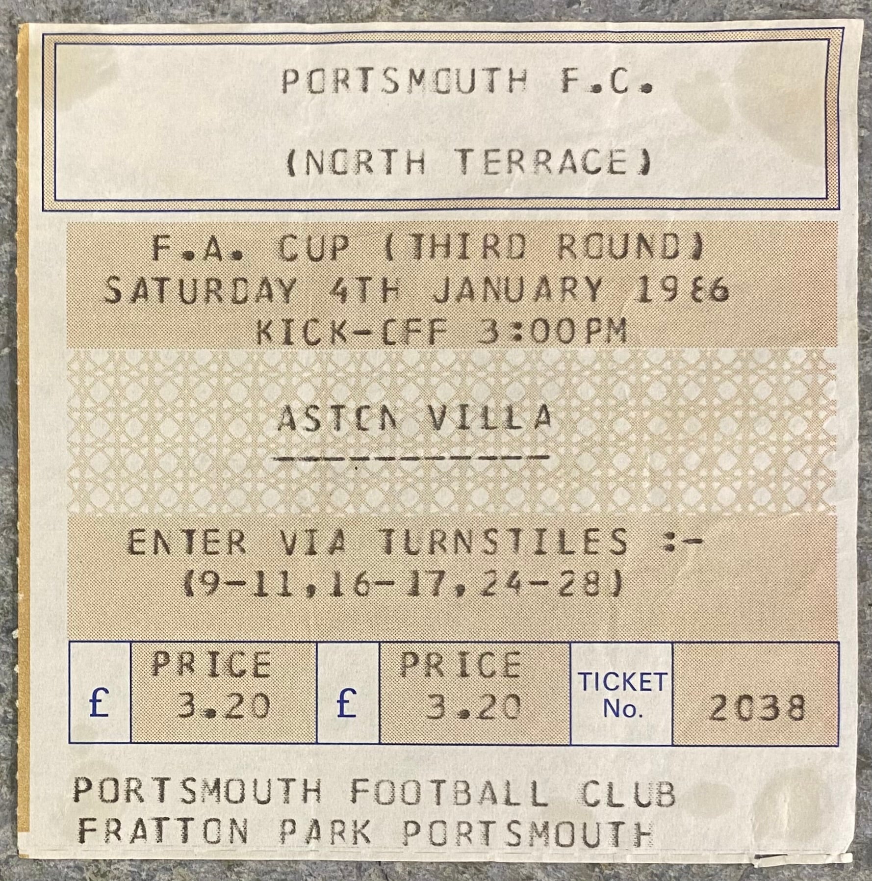 1985/86 ORIGINAL FA CUP 3RD ROUND TICKET PORTSMOUTH V ASTON VILLA