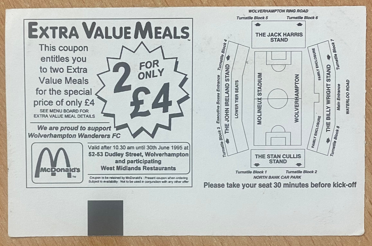 1994/95 ORIGINAL DIVISION 1 TICKET WOLVERHAMPTON WANDERERS V CHARLTON ATHLETIC