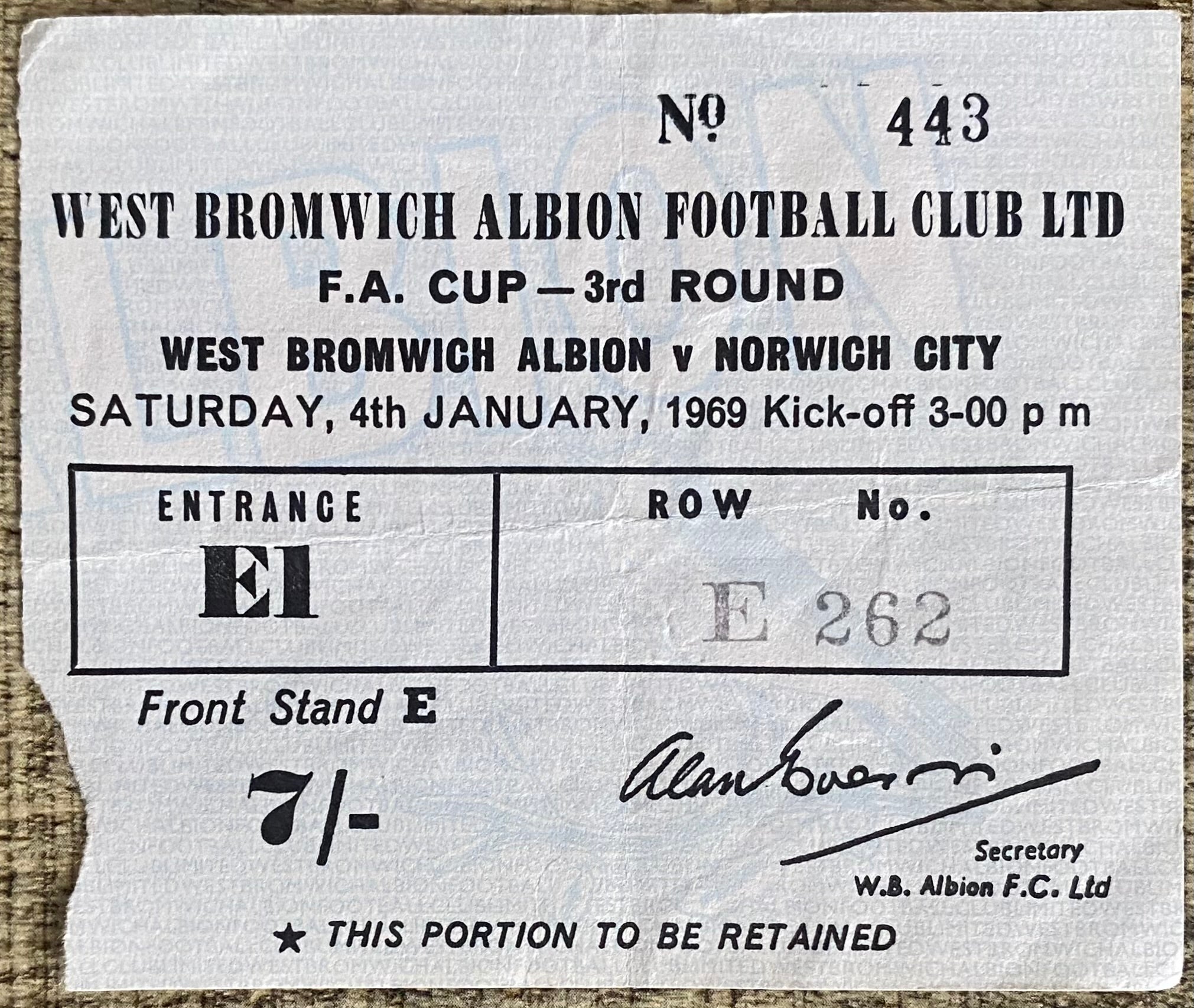 1968/69 ORIGINAL FA CUP 3RD ROUND TICKET WEST BROMWICH ALBION V NORWICH CITY