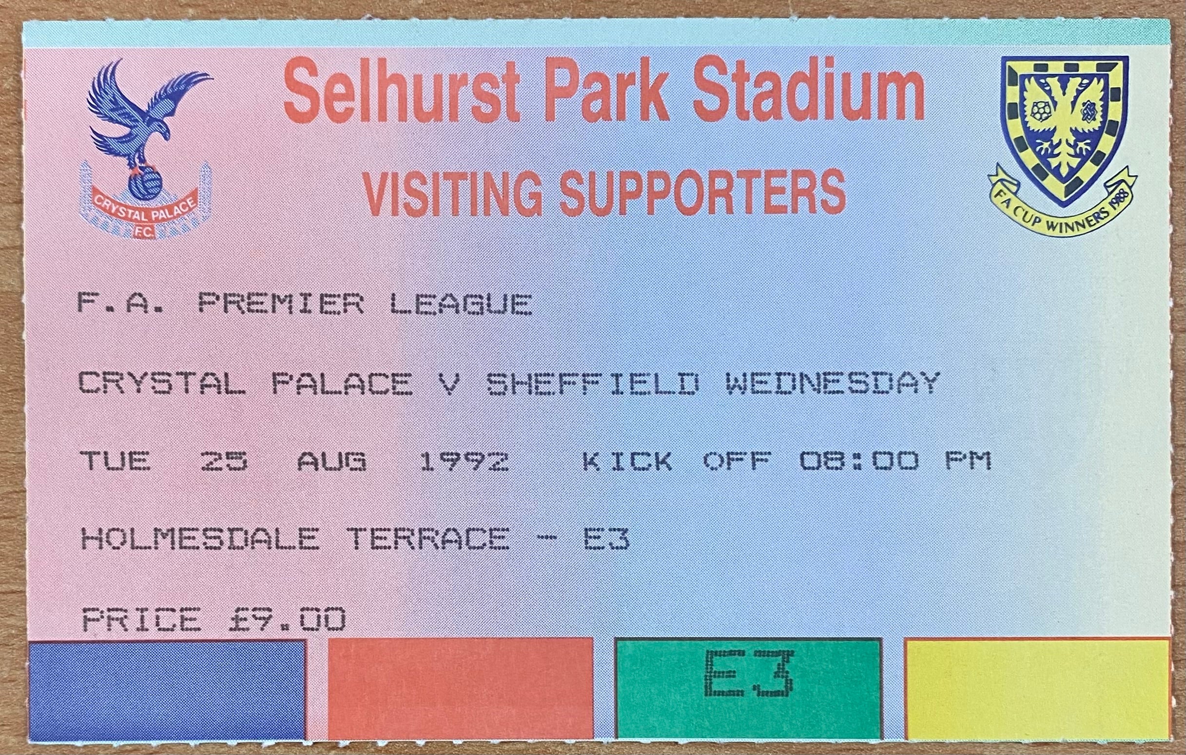 1992/93 ORIGINAL PREMIER LEAGUE TICKET CRYSTAL PALACE V SHEFFIELD WEDNESDAY