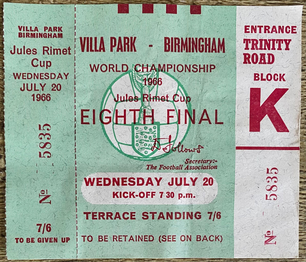 1966 ORIGINAL WORLD CUP 1ST ROUND UNUSED TICKET WEST GERMANY V SPAIN @ VILLA PARK
