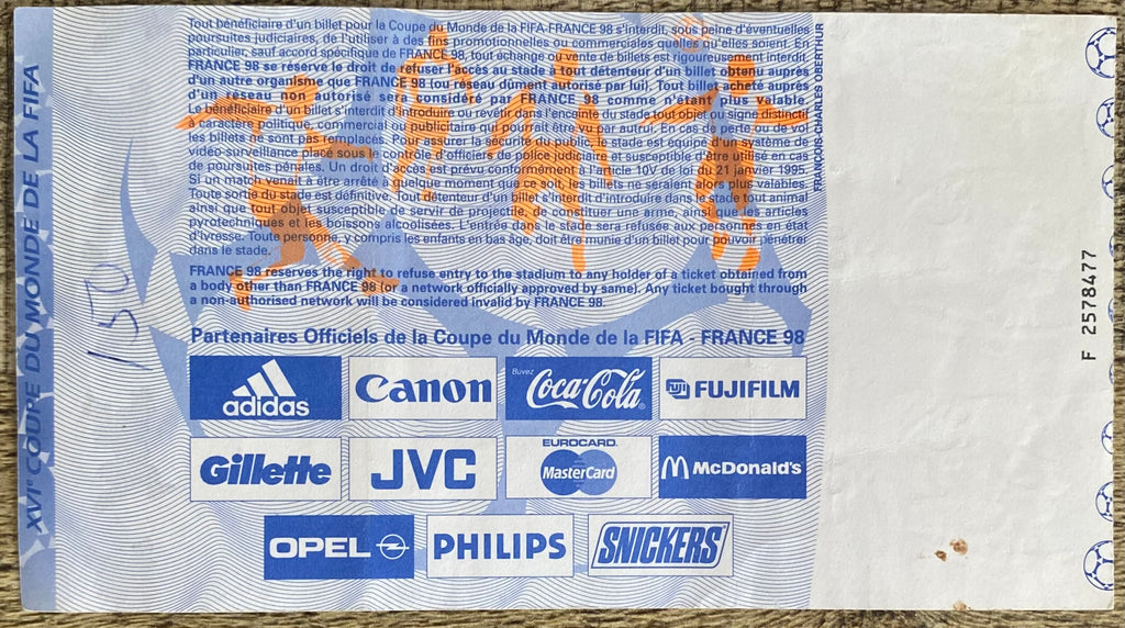 1998 ORIGINAL WORLD CUP 1ST ROUND TICKET FRANCE V SOUTH AFRICA @ MARSEILLE