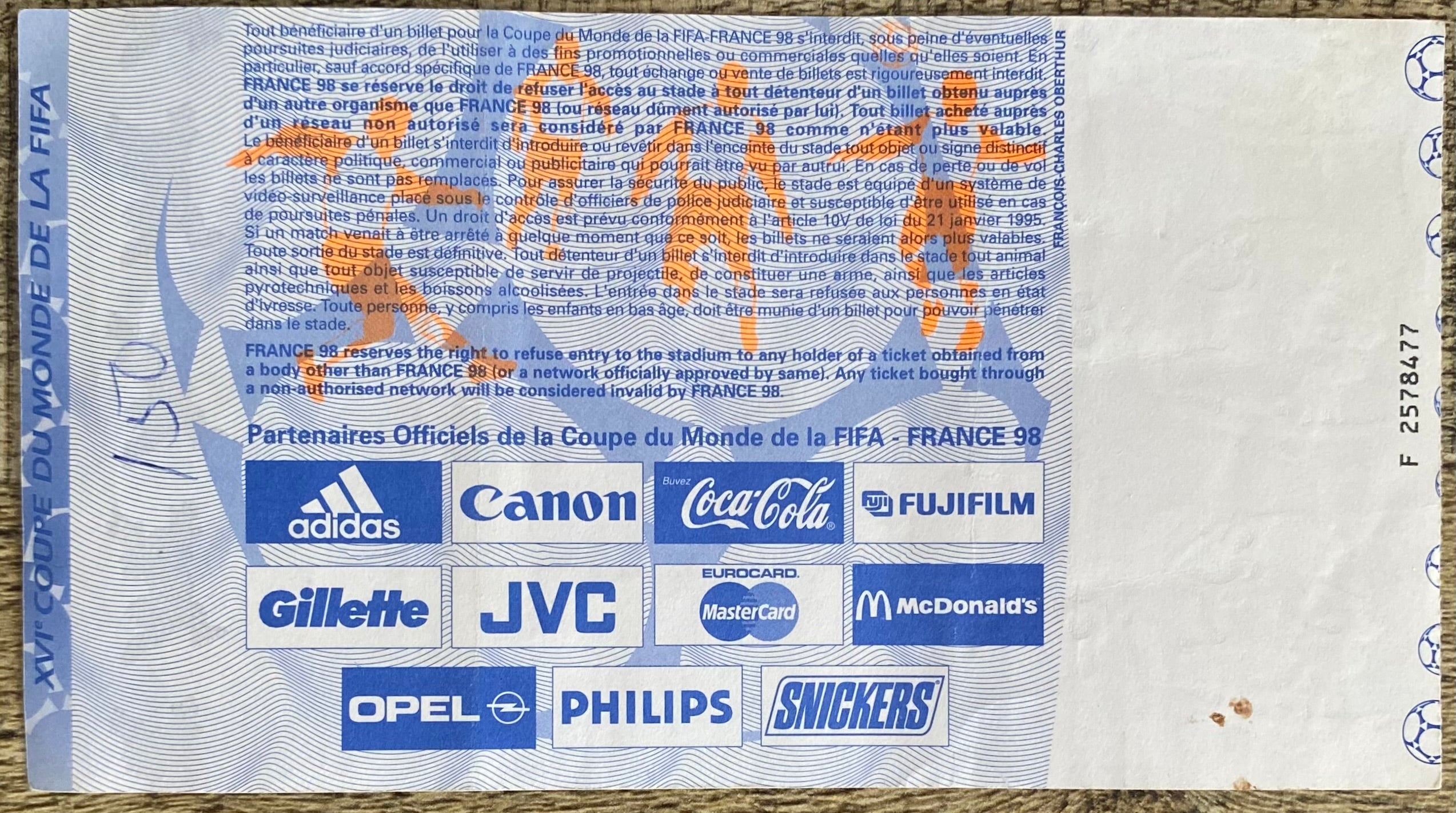 1998 ORIGINAL WORLD CUP 1ST ROUND TICKET FRANCE V SOUTH AFRICA @ MARSEILLE