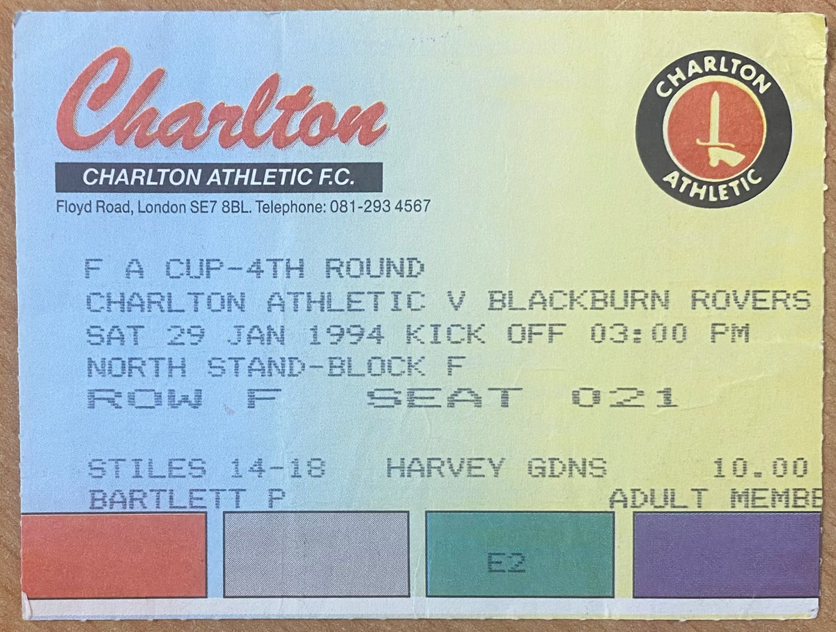1993/94 ORIGINAL FA CUP 4TH ROUND TICKET CHARLTON ATHLETIC V BLACKBURN ROVERS