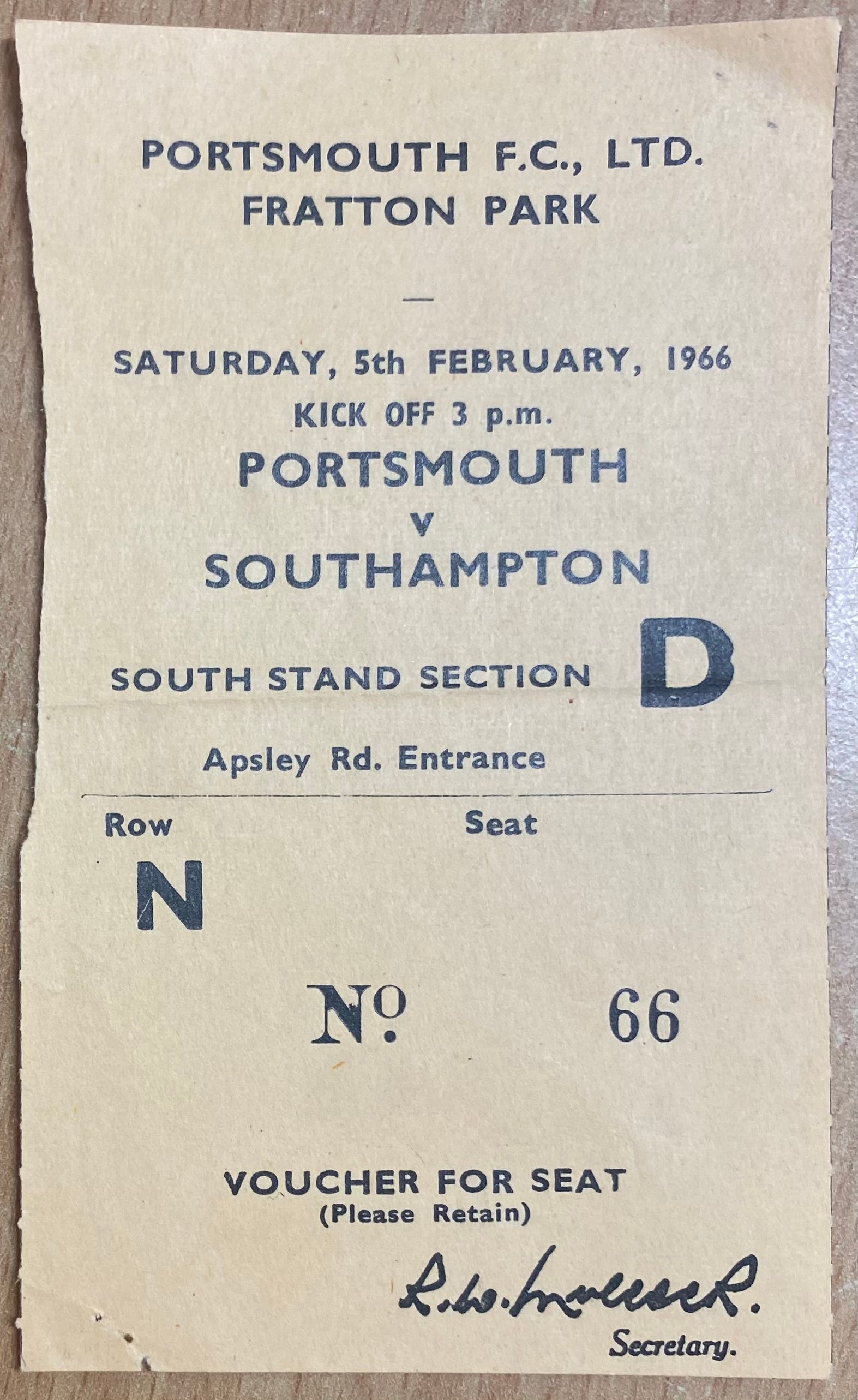 1965/66 ORIGINAL DIVISION 2 TICKET PORTSMOUTH V SOUTHAMPTON