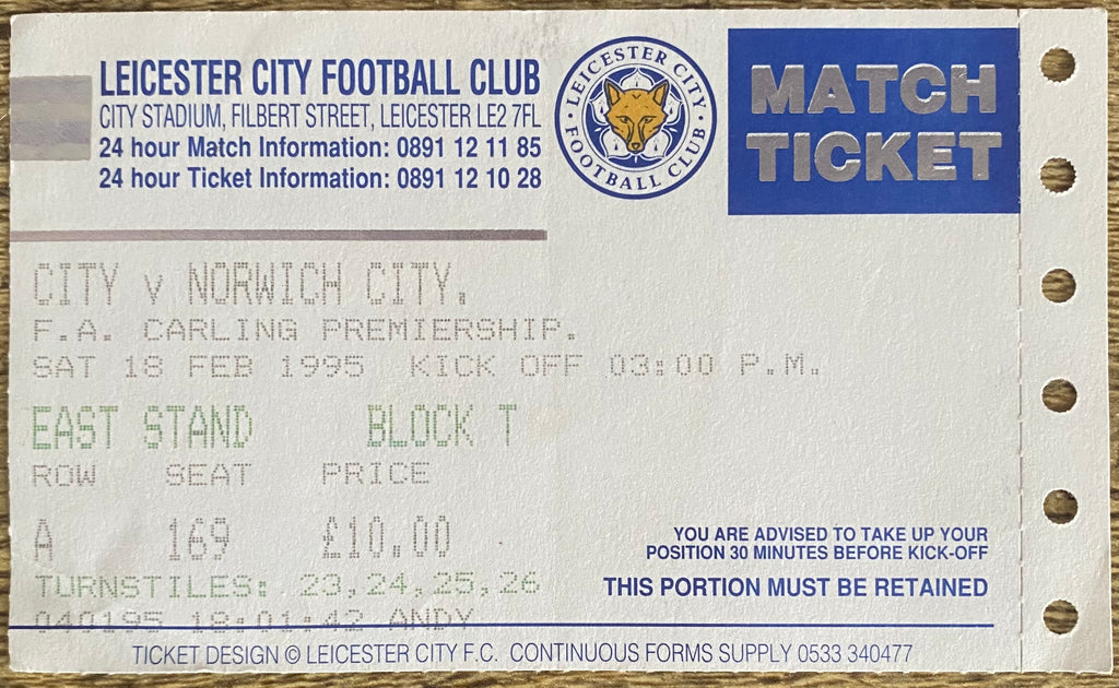 1994/95 ORIGINAL FA PREMIERSHIP TICKET LEICESTER CITY V NORWICH CITY